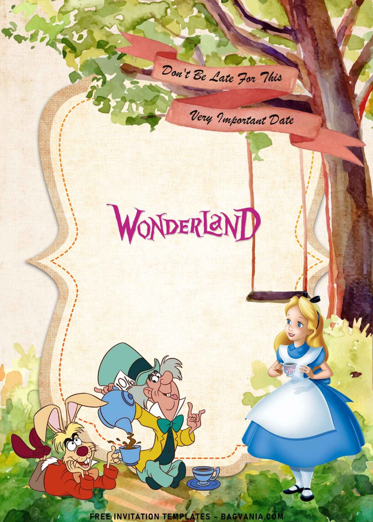 8+  Watercolor Alice In Wonderland Birthday Invitation Templates with Mad Hatter