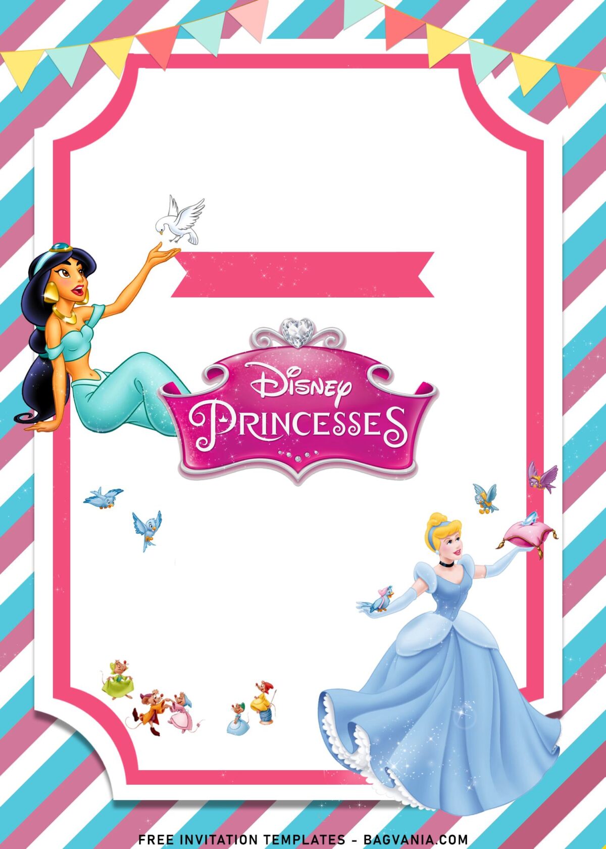 8+ Pink Glam Disney Princess Birthday Invitation Templates with Stunning Cinderella and birds