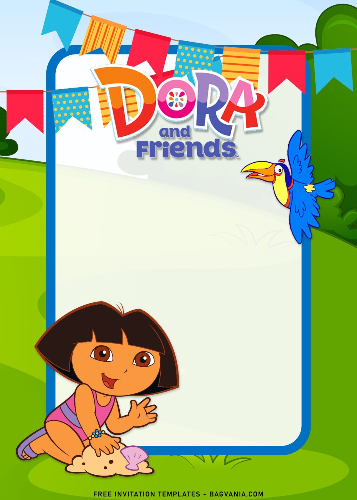 8+ Dora The Explorer Birthday Invitation Templates with cartoon backrgound