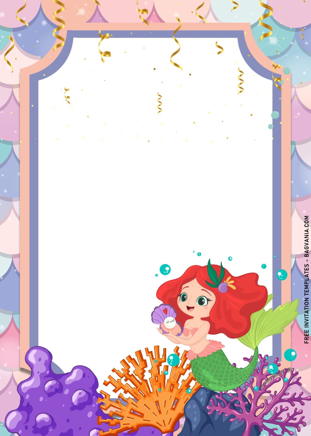 9+ Mermaid And Friends Birthday Invitation Templates with cute Mermaid is holding Oyster with sparkling White Pearl