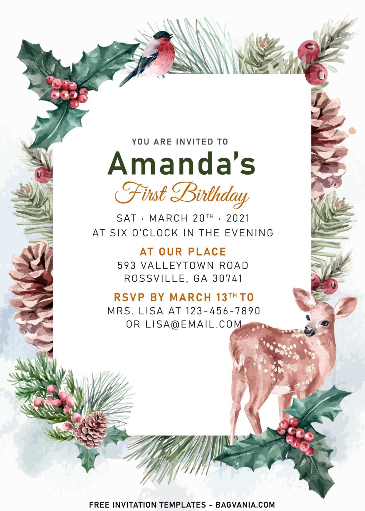 7+ Dusty Winter Floral Invitation Templates With Forest Deer And Cardinal Bird
