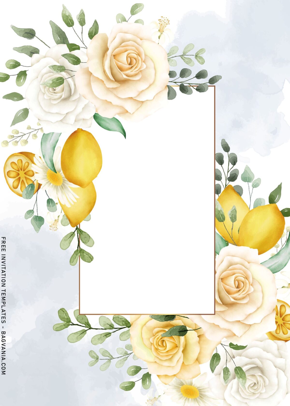 8+ Watercolor Botanical Citrus Lemon Floral Invitation Templates with beautiful white and blush roses