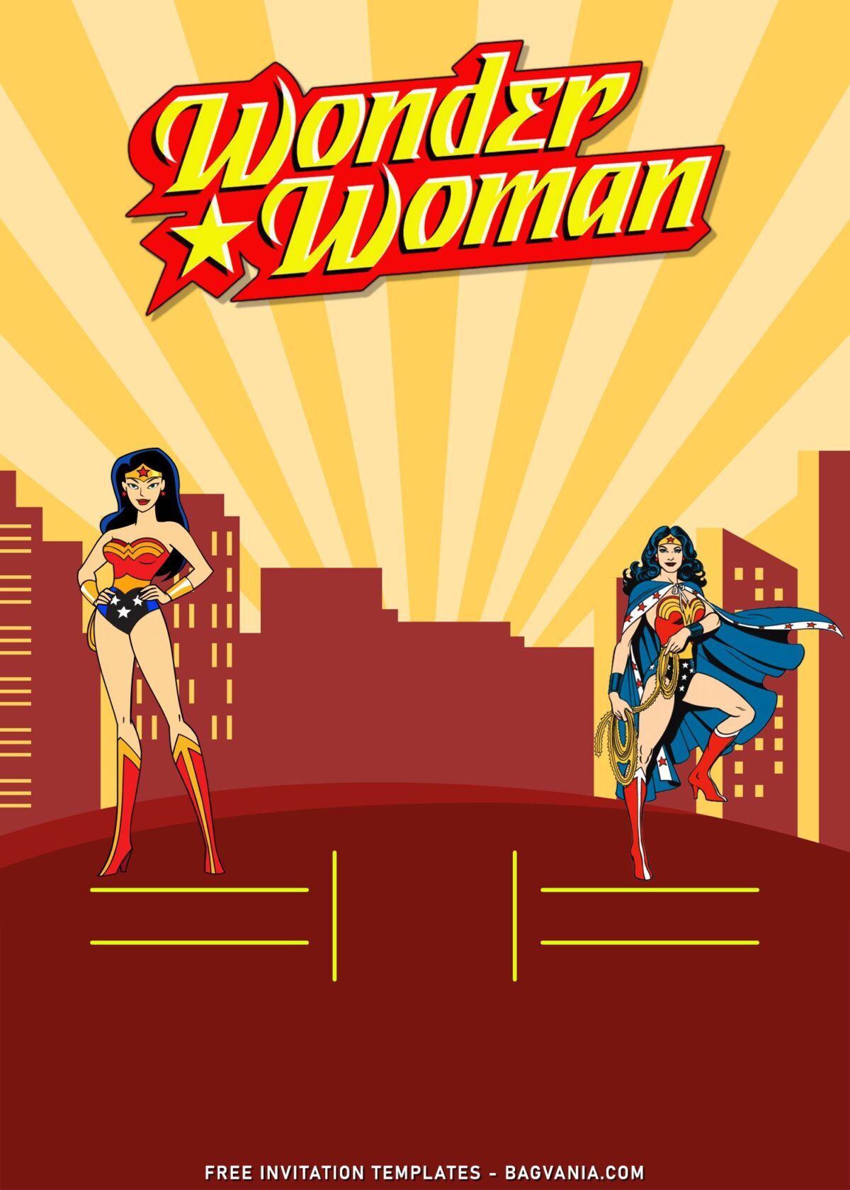 9+ Fantastic Superhero Birthday Invitation Templates With Wonder Woman with sunburst background