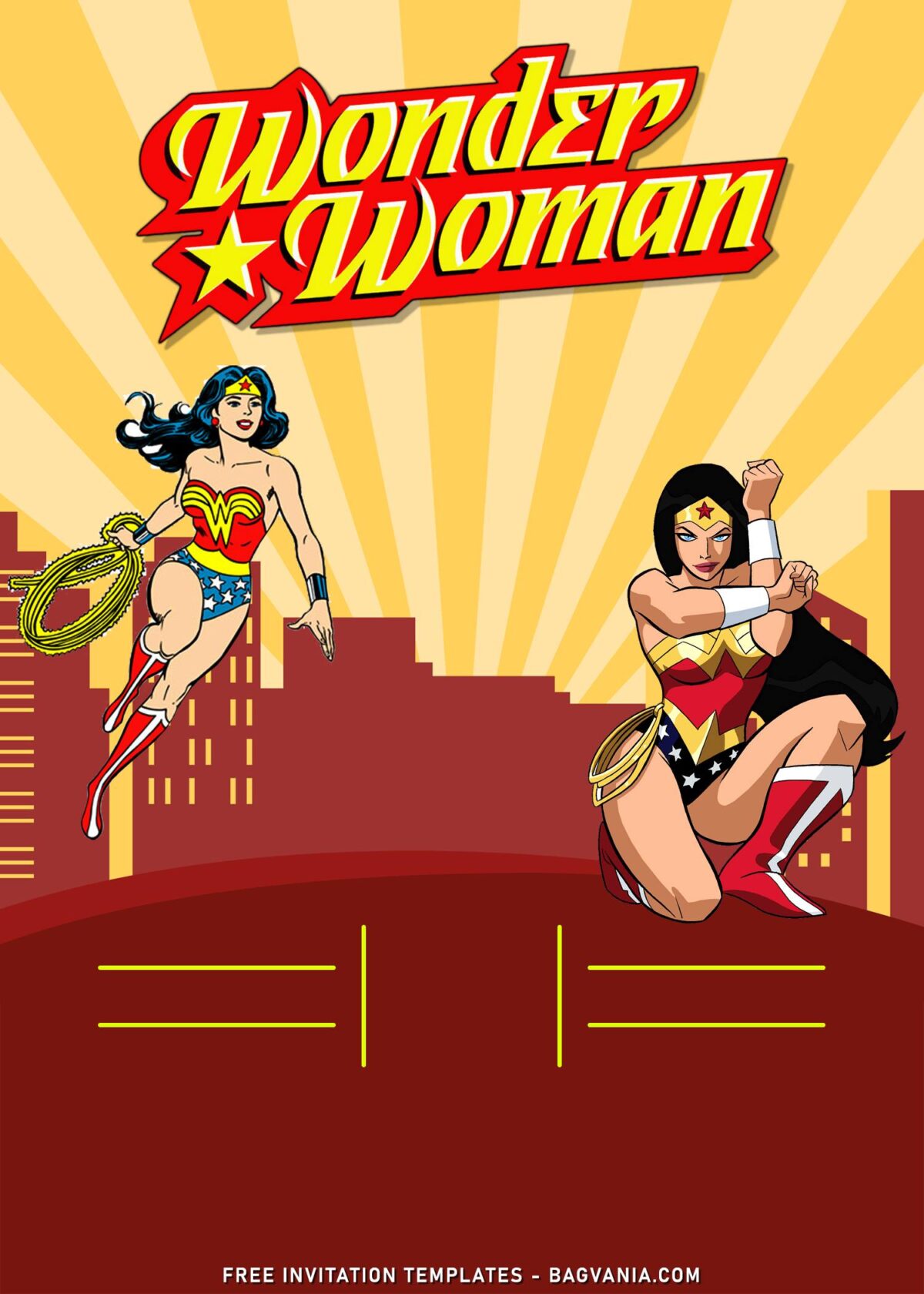 9+ Fantastic Superhero Birthday Invitation Templates With Wonder Woman with Gotham cityscape
