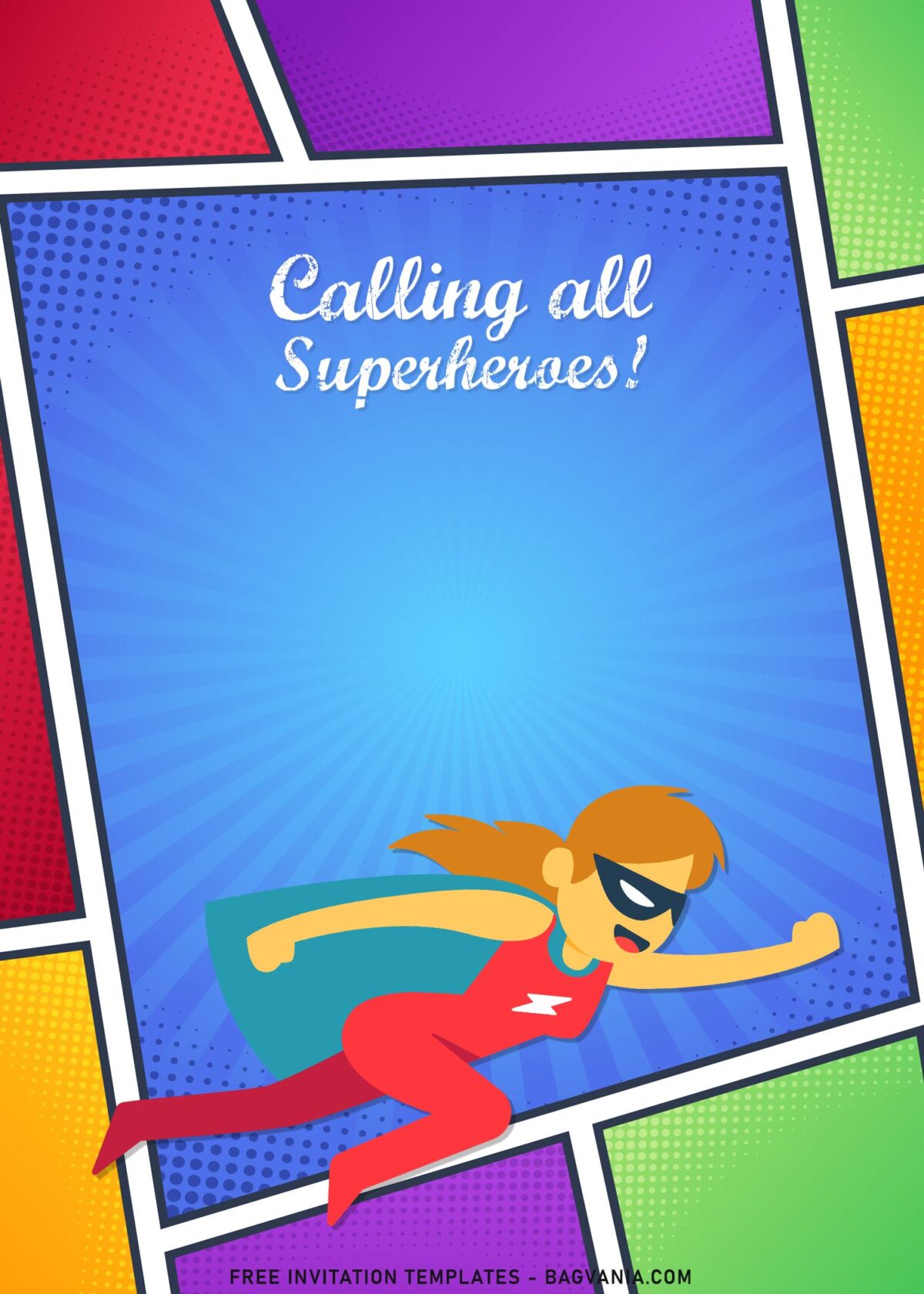 8+ Cool Superhero In Action Comic Themed Birthday Invitation Templates with blue sunburst background