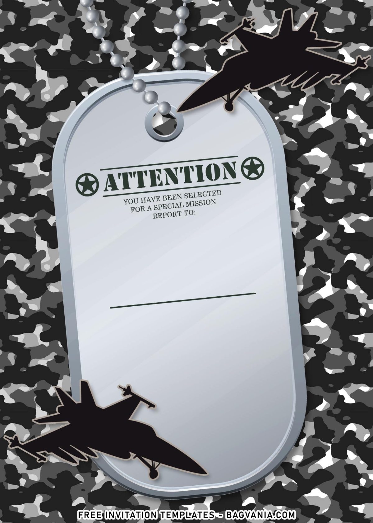 7+ Military Dog Tag Birthday Invitation Templates For The Little Soldier with Digital Camo background