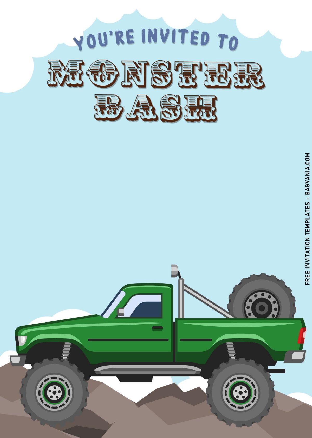 7+ Super Cool Monster Truck Crawling Birthday Invitation Templates with rocky mountain background