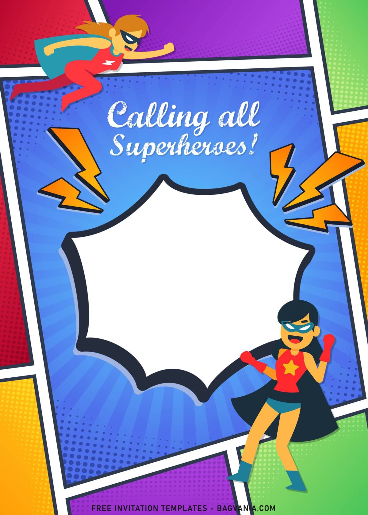 8+ Cool Superhero In Action Comic Themed Birthday Invitation Templates with cute comic balloon text speech