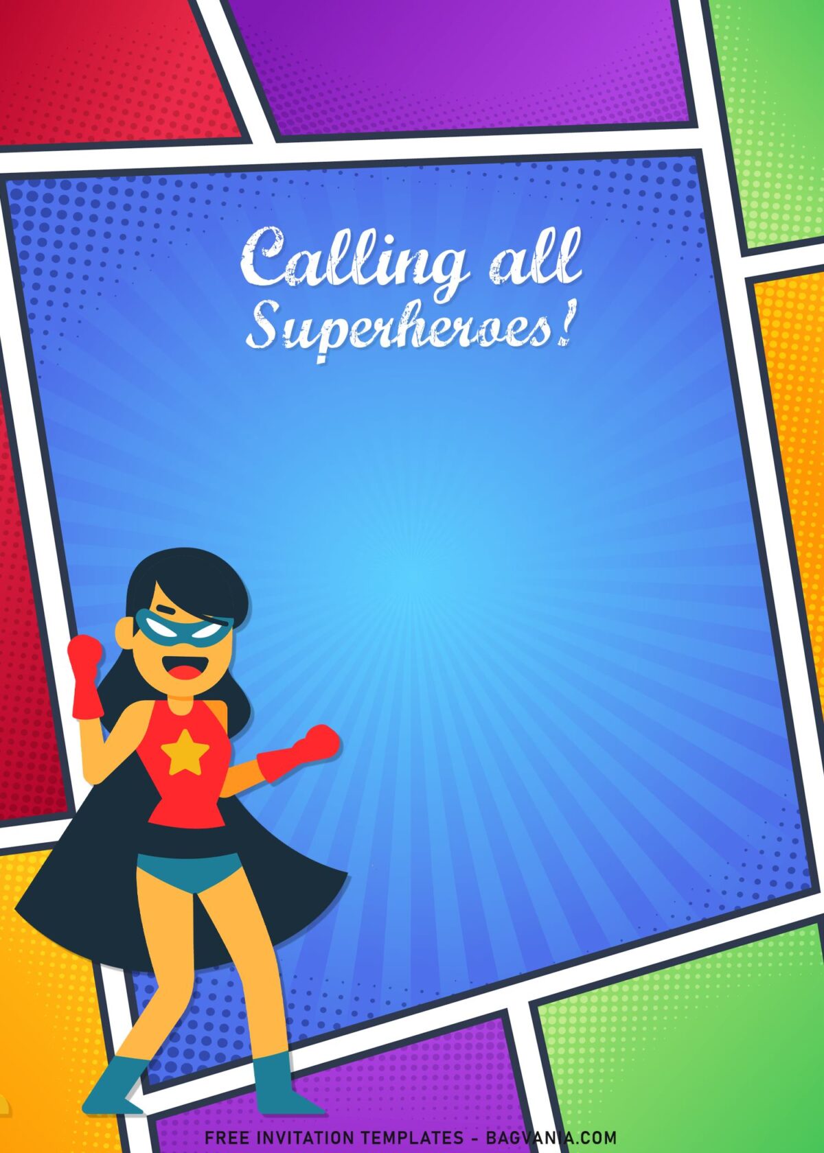 8+ Cool Superhero In Action Comic Themed Birthday Invitation Templates with comic column strips