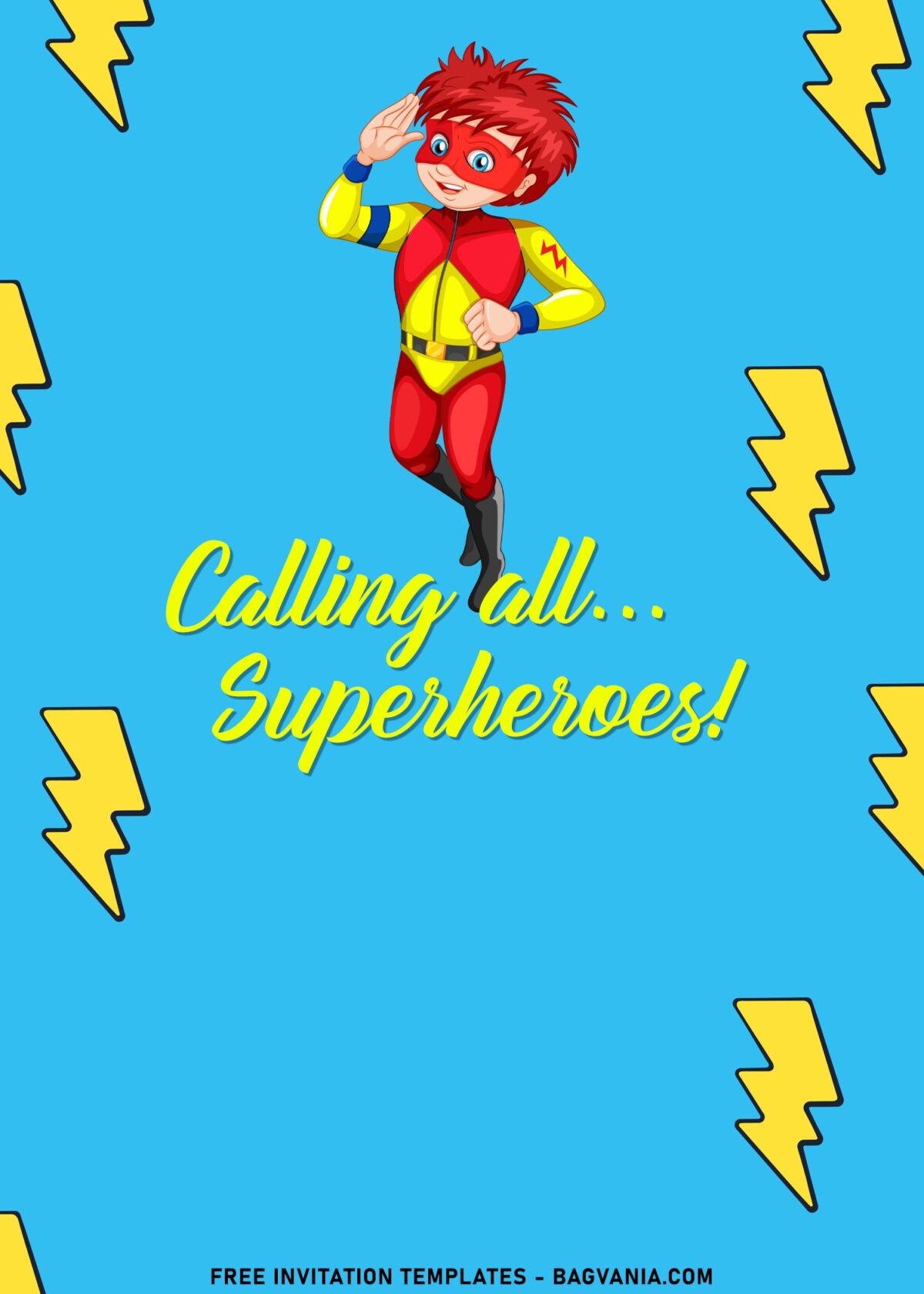 7+ Boys Superhero Birthday Invitation Templates For Your Son's Birthday with bright baby blue colored background and cute yellow lightning bolts