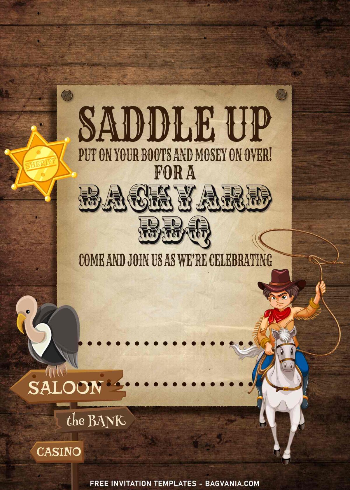 7+ Saddle Up Horse And Cowboy BBQ Birthday Invitation Templates with cowboy riding his horse and throwing lasso