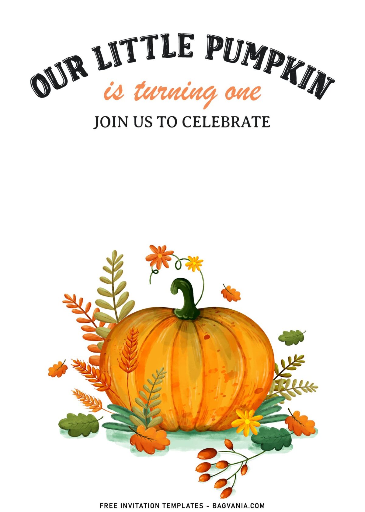 8+ Cute Pumpkin Patch First Birthday Party Invitation Templates with watercolor green fern and mushrooms