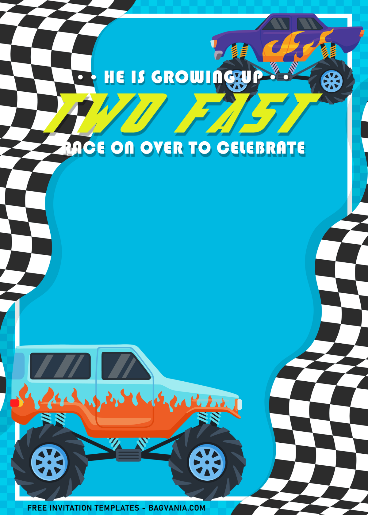 9+ Awesome Two Fast Monster Truck 2nd Birthday Invitation Templates with blue background