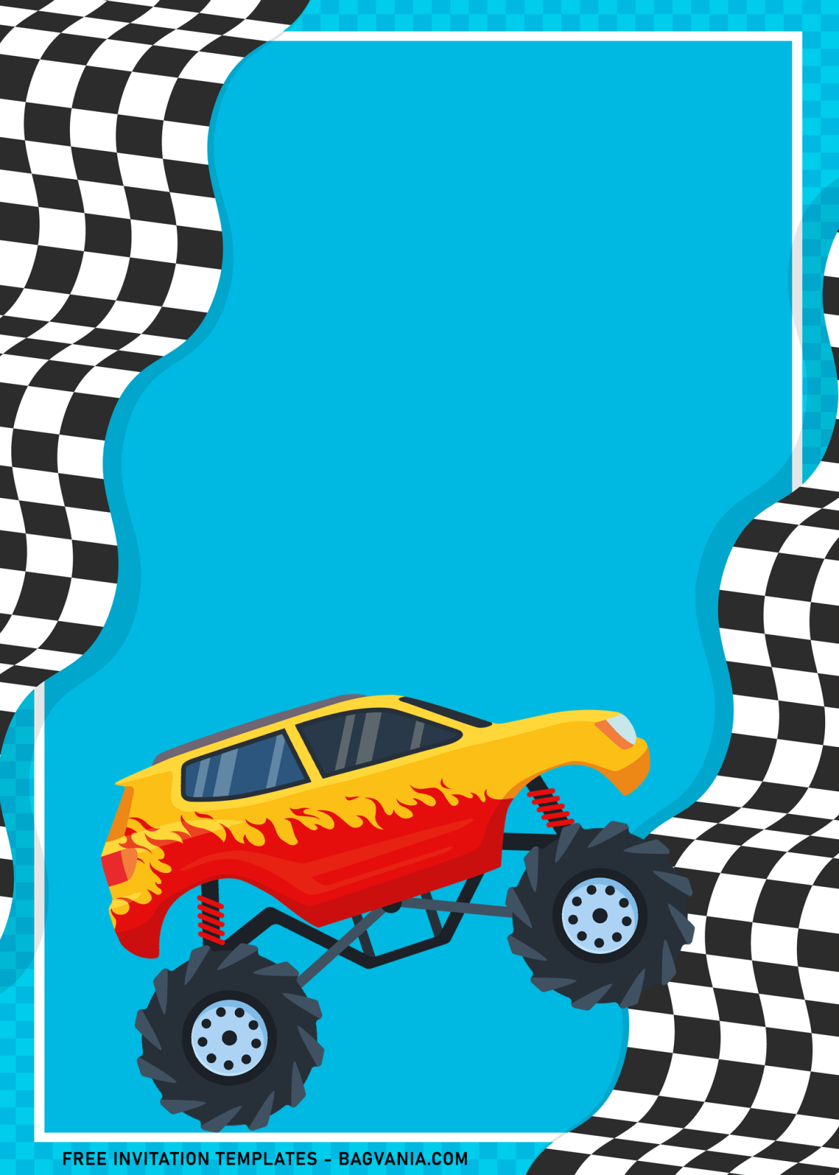 9+ Awesome Two Fast Monster Truck 2nd Birthday Invitation Templates with checkered race flag