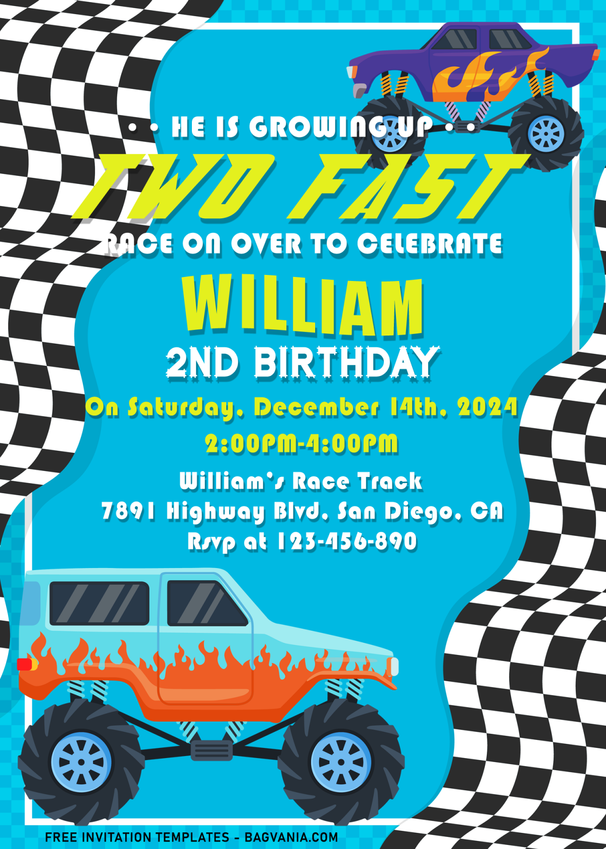 9+ Awesome Two Fast Monster Truck 2nd Birthday Invitation Templates