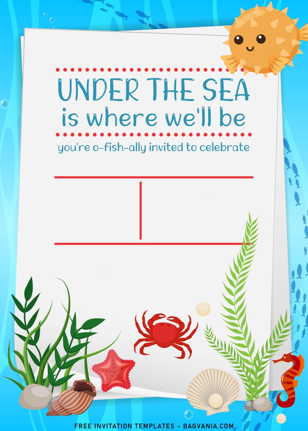10+ Fish Theme Children's Birthday Invitation Templates with sea weed and reef