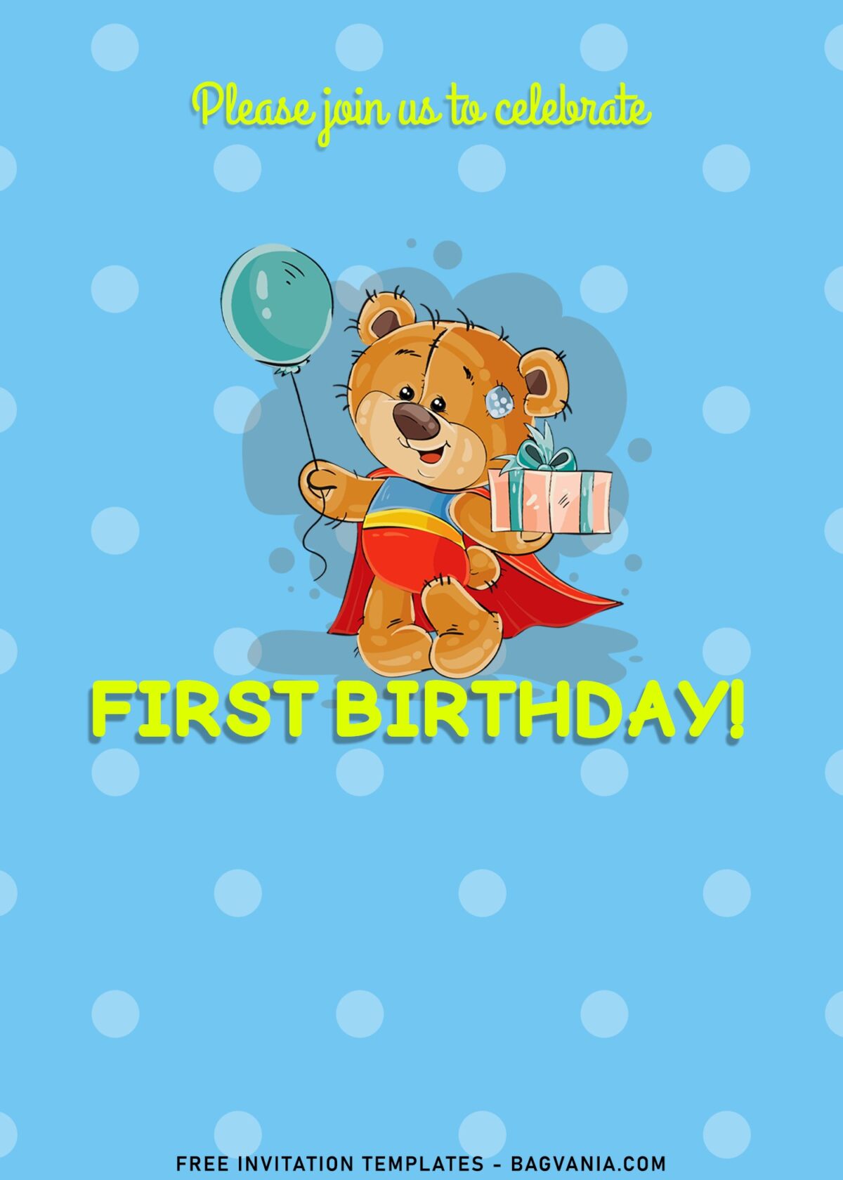 10+ Lovable Watercolor Teddy Bear Birthday Invitation Templates with polka dot background