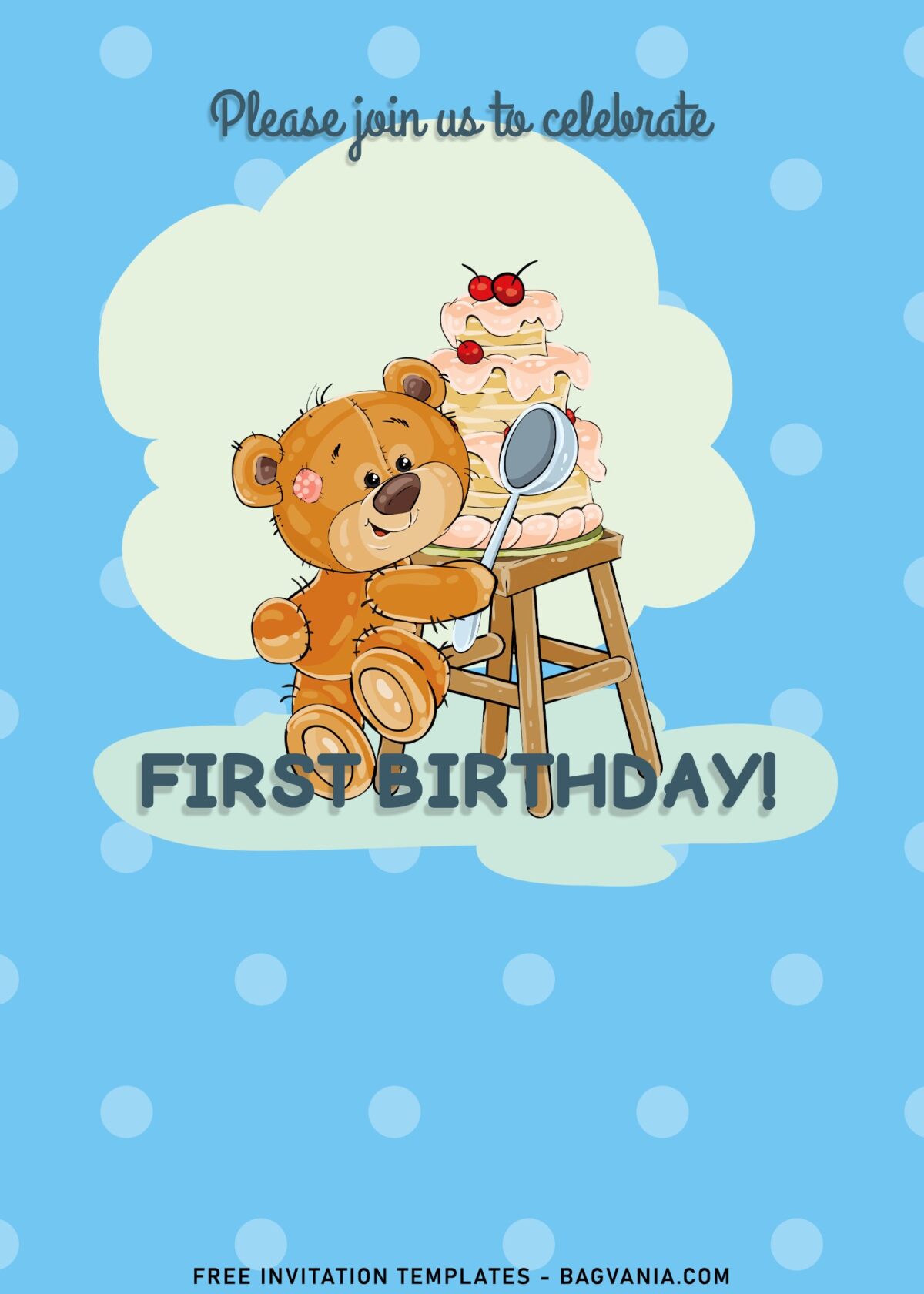 10+ Lovable Watercolor Teddy Bear Birthday Invitation Templates with cute teddy bear is scooping out the his birthdaycake