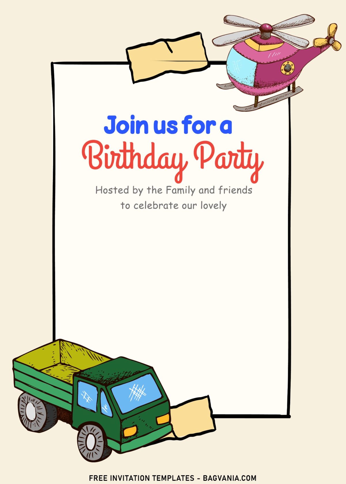 11+ Loveable Cartoon Transportation Joint Birthday Invitation Templates with pickup van and helicopter