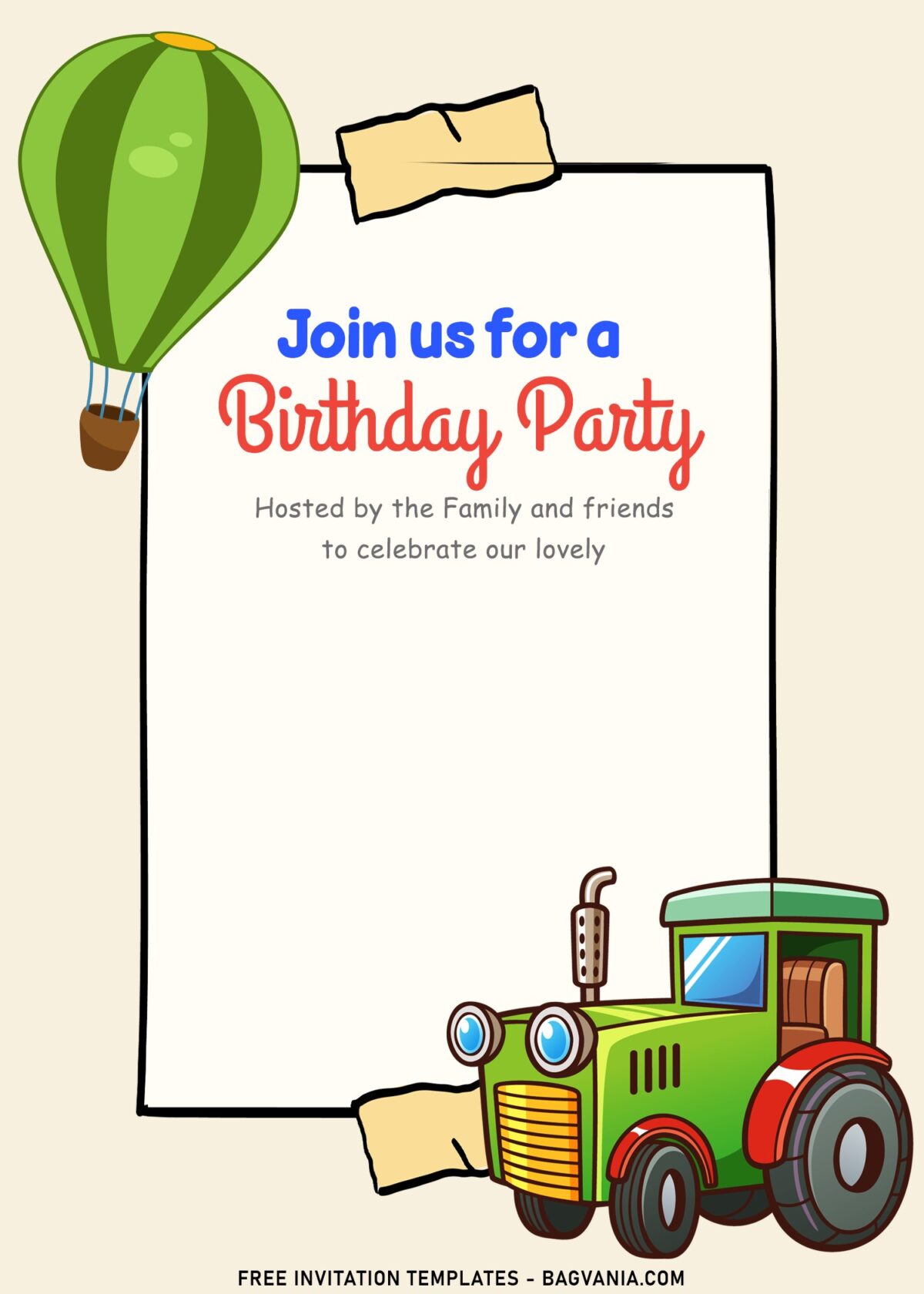 11+ Loveable Cartoon Transportation Joint Birthday Invitation Templates with Farm Tractor and Hot Air Balloon