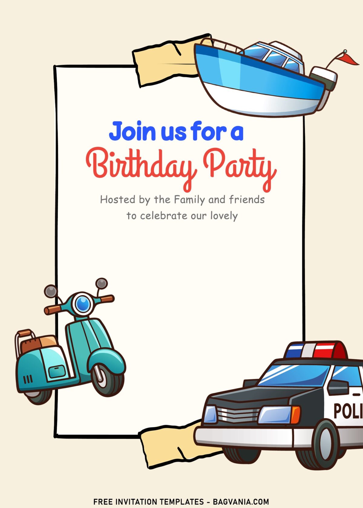 11+ Loveable Cartoon Transportation Joint Birthday Invitation Templates with police patrol car