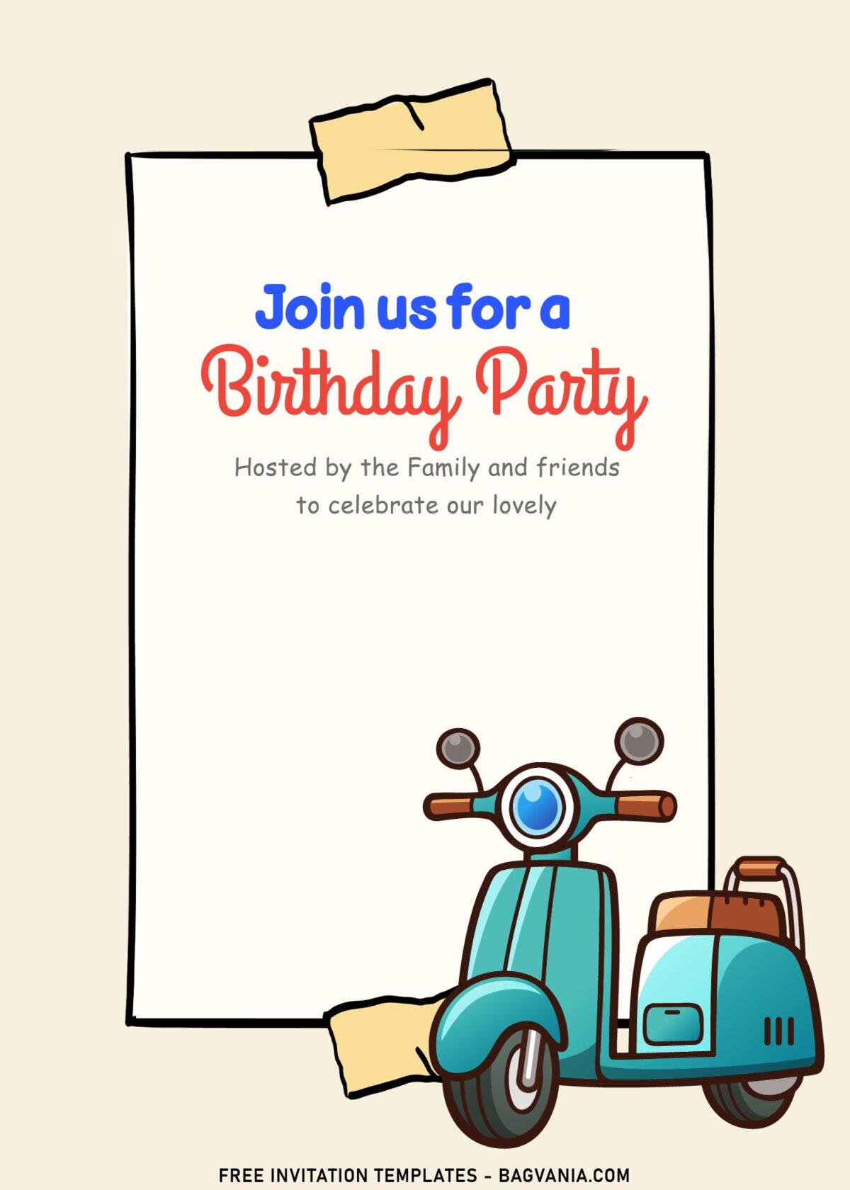 11+ Loveable Cartoon Transportation Joint Birthday Invitation Templates with Vespa Bike