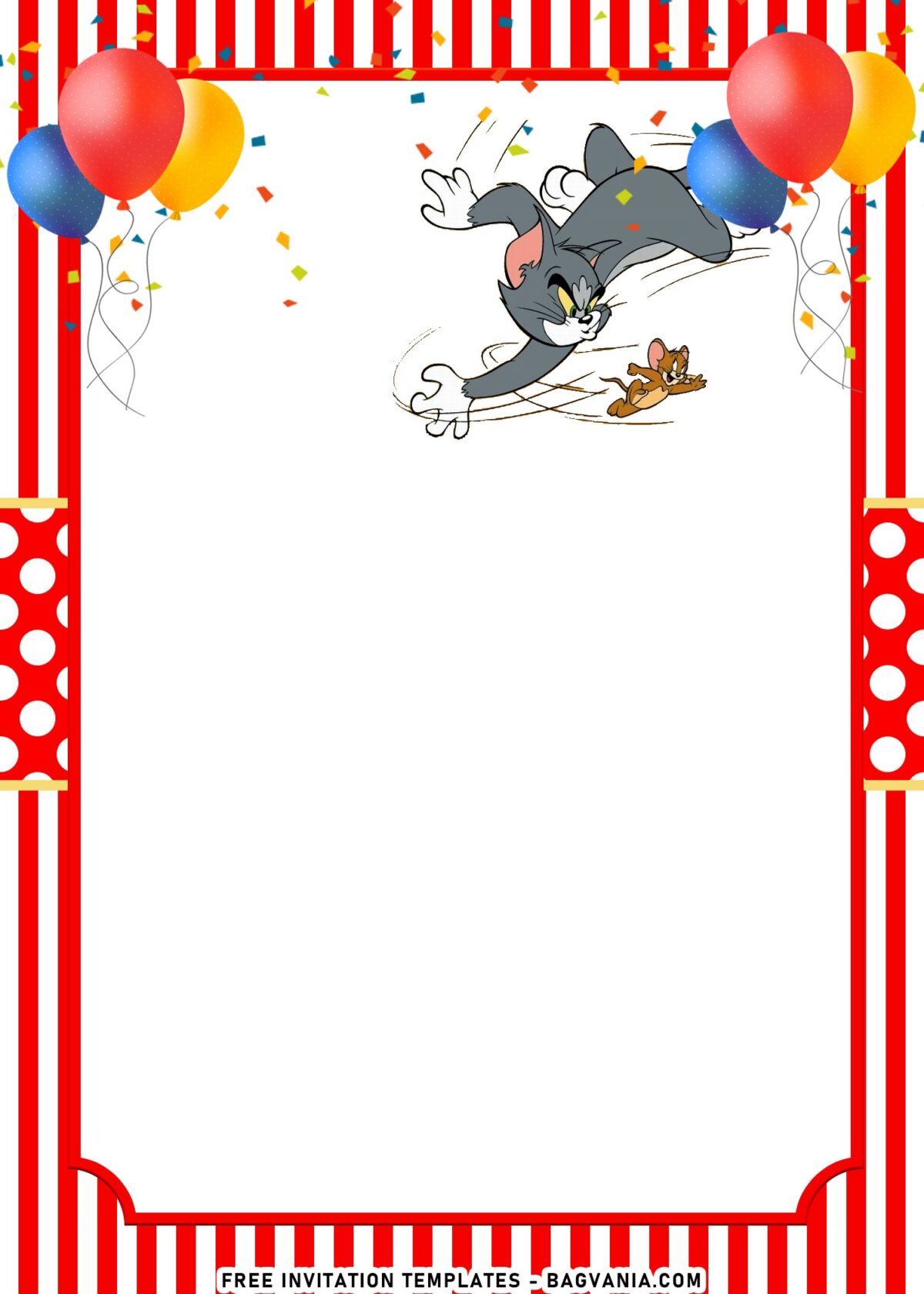 10+ Cartoon Tom And Jerry Birthday Invitation Templates with colorful balloons and coffetti