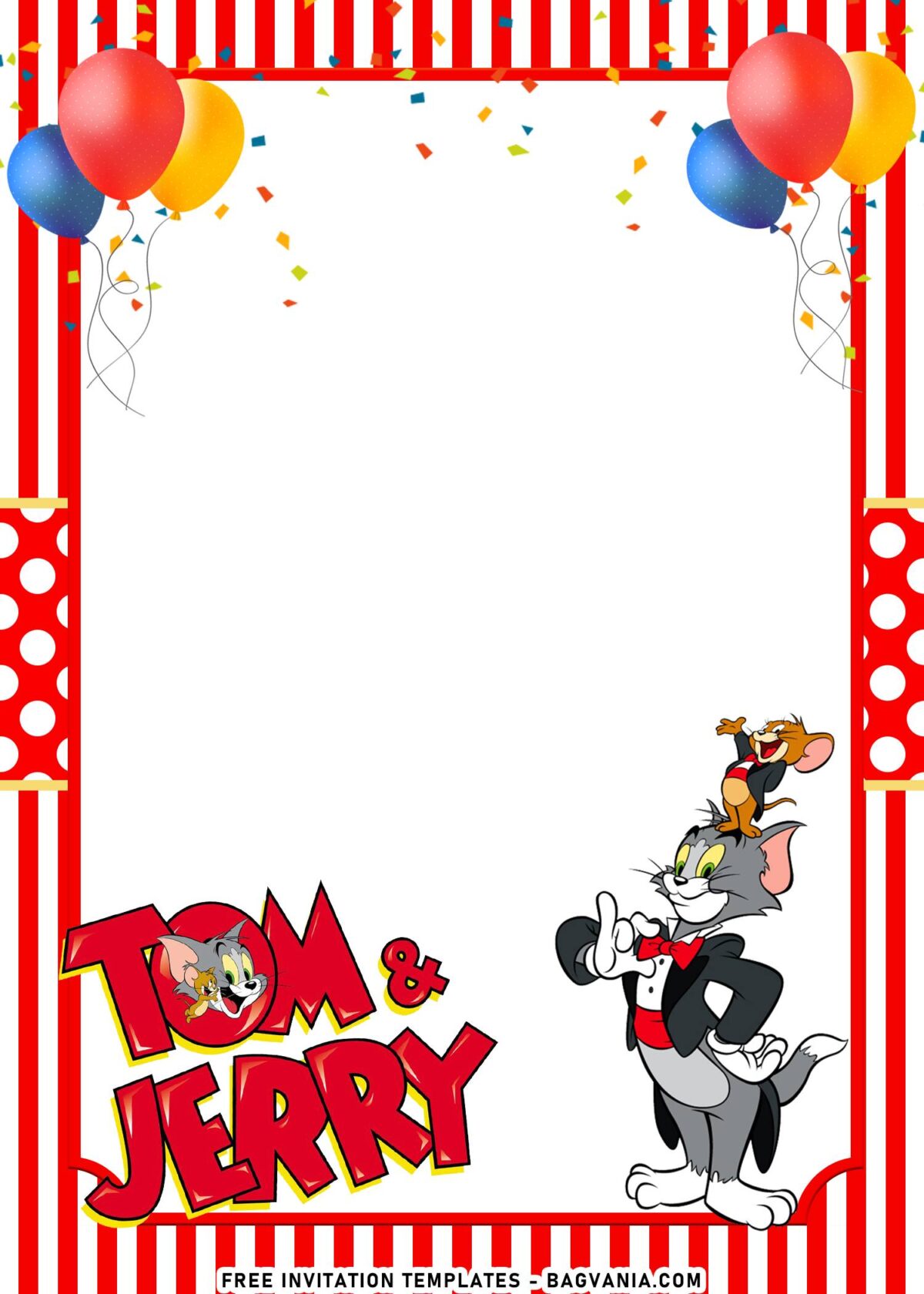 10+ Cartoon Tom And Jerry Birthday Invitation Templates with red and white stripe background