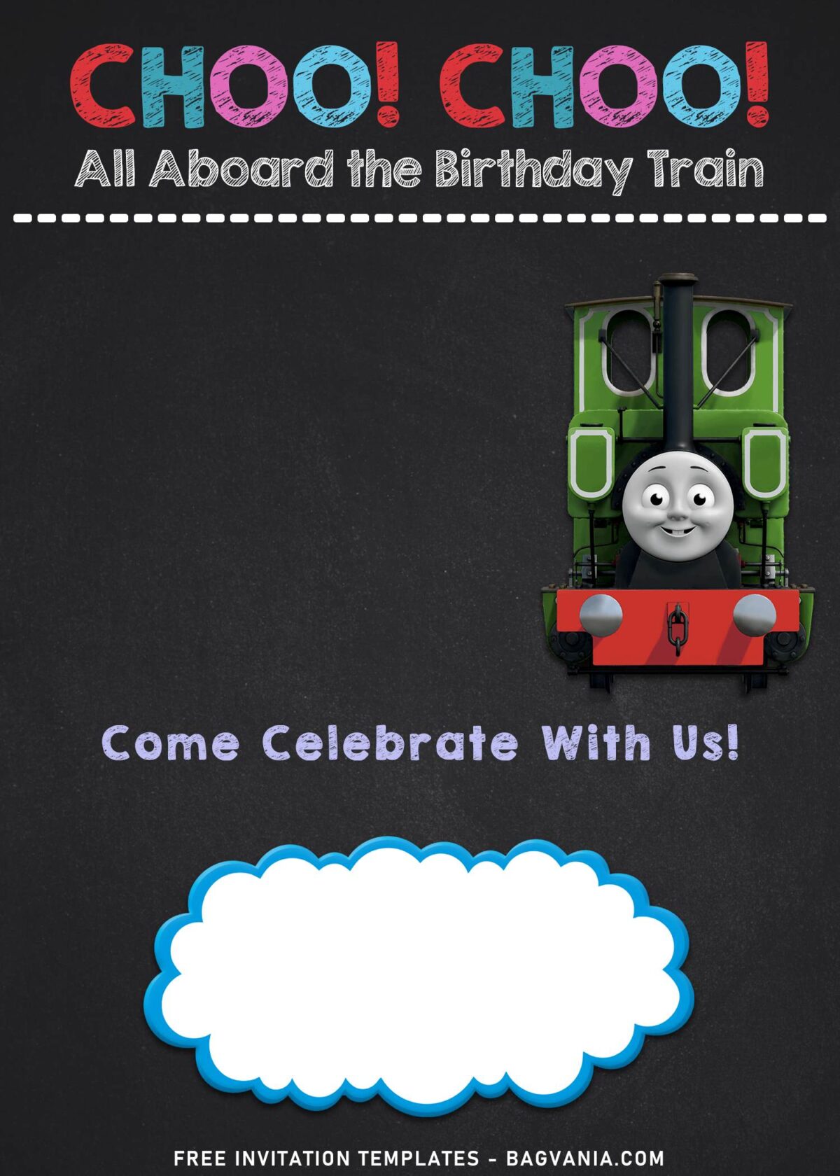 10+ Cartoon Chalkboard Thomas And Friends Birthday Invitation Templates with White cloud text box