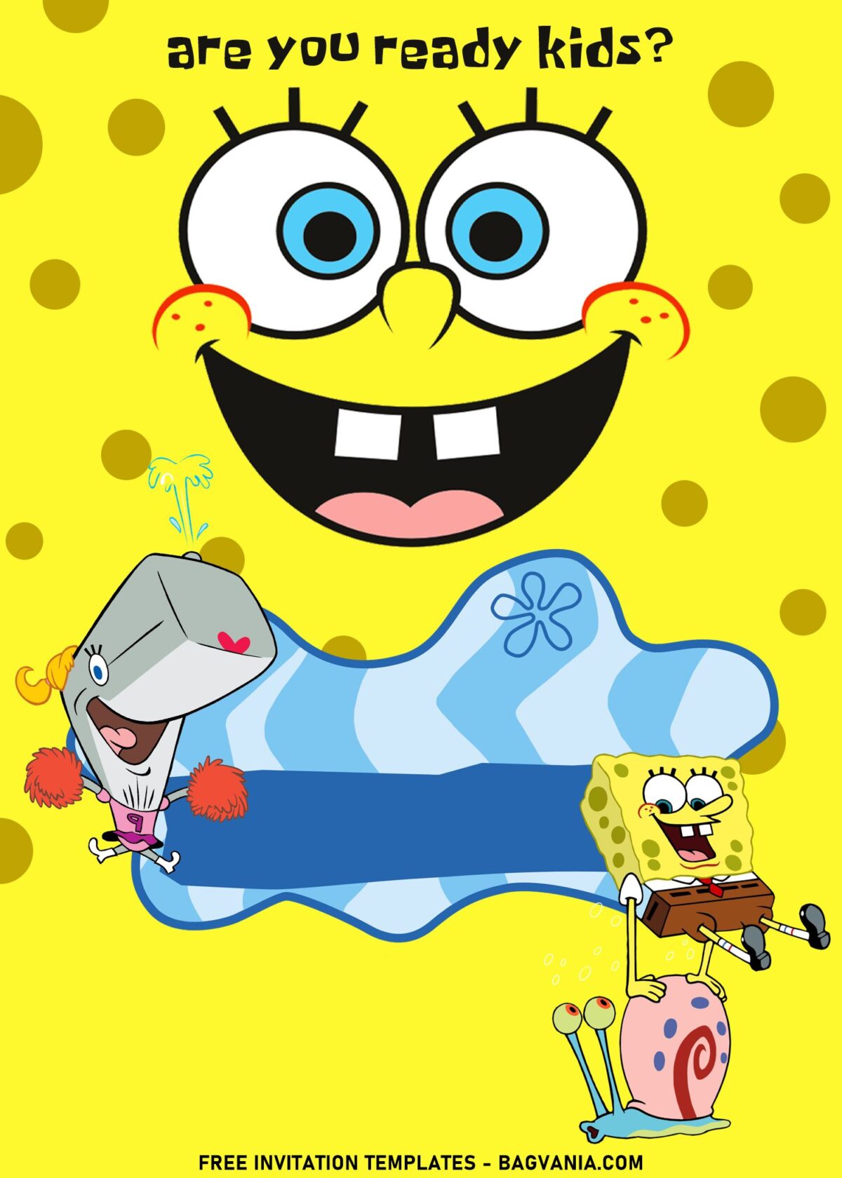 11+ Bright And Colorful SpongeBob Birthday Invitation Templates with Pearl the cheerleader and SpongeBob is playing with Gary