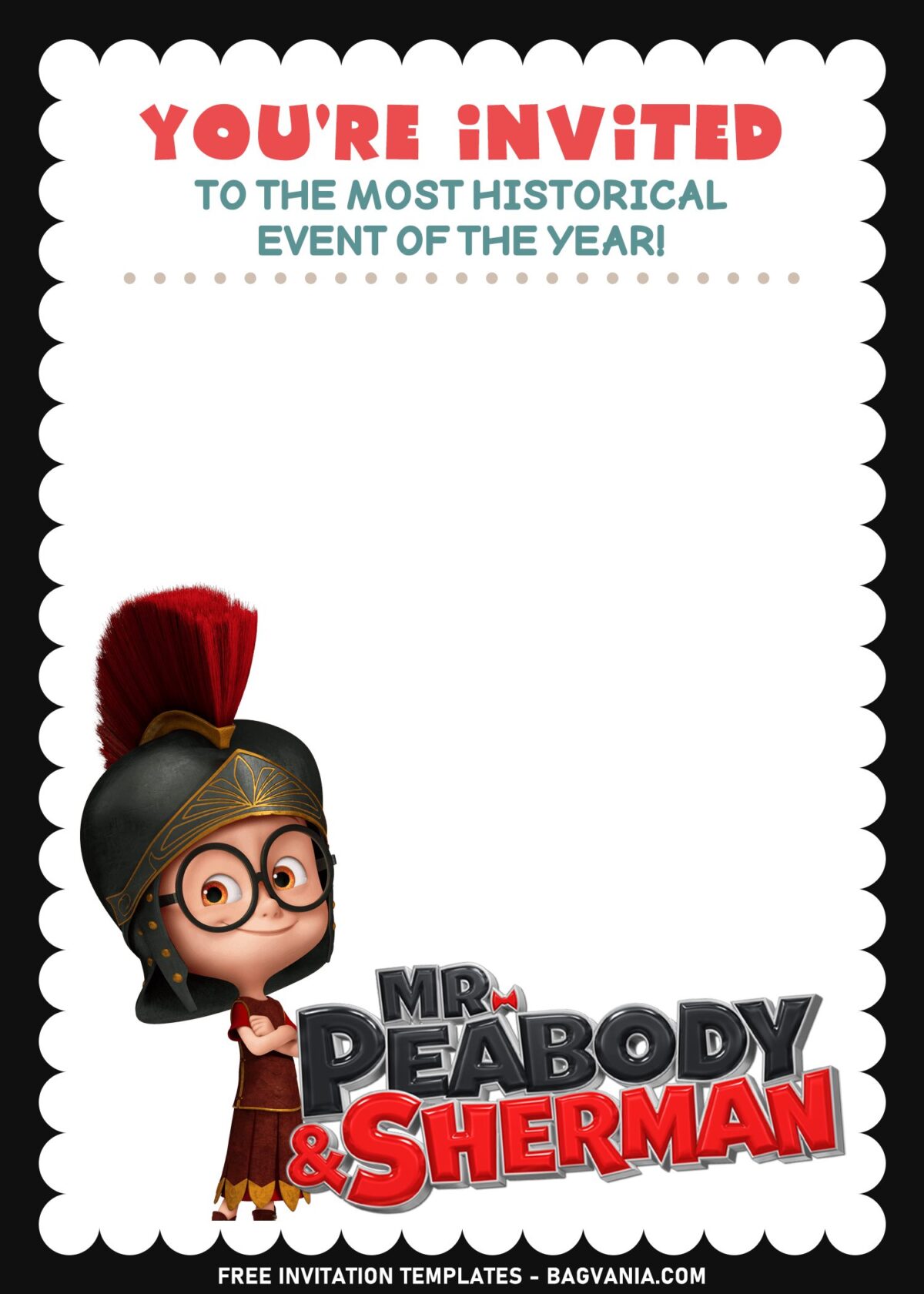 7+ Basic Cute Mr. Peabody & Sherman Birthday Invitation Templates with Sherman's wearing Rome costume