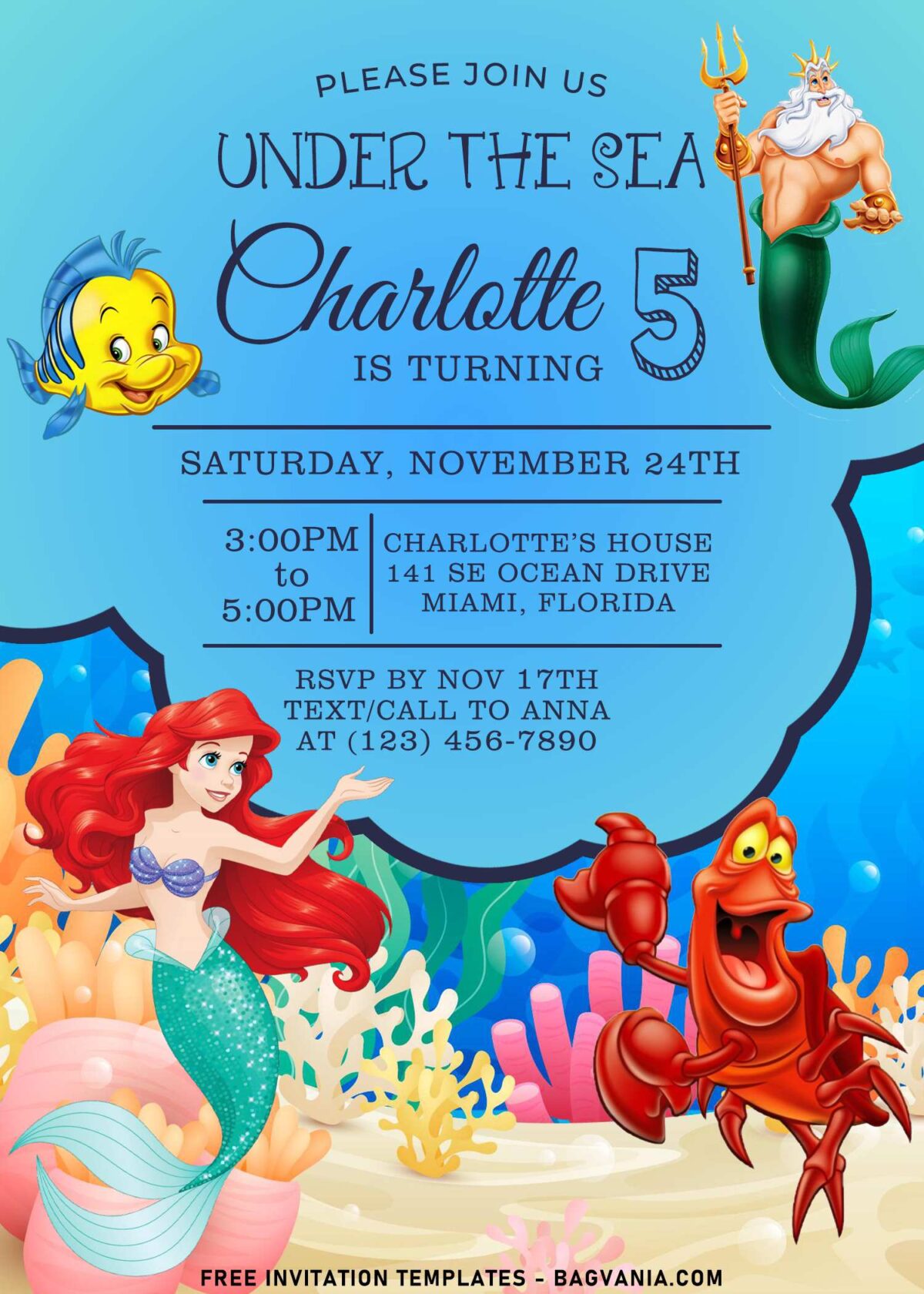 8+ Adorable Princess Ariel Invitation Templates With Flounder And Sebastian