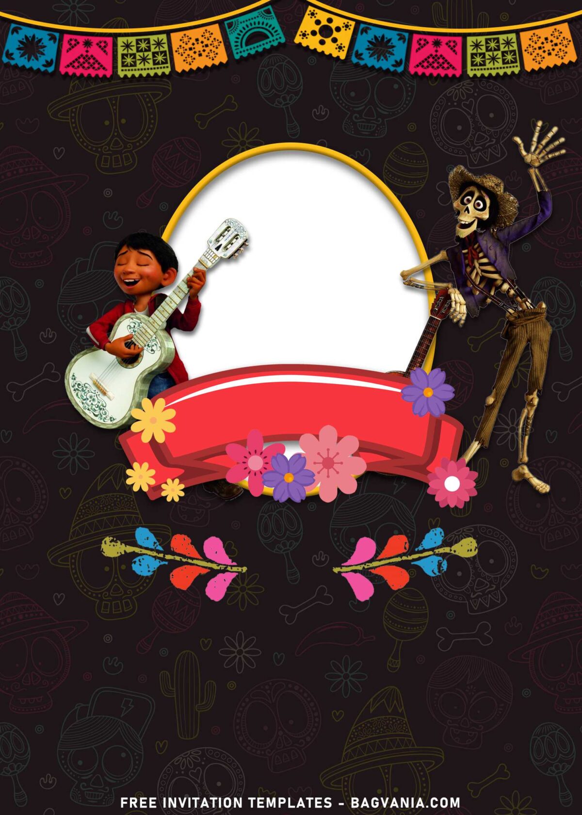 11+ Lively Mexican Fiesta Disney Coco Birthday Invitation Templates with Miguel is playing guitar