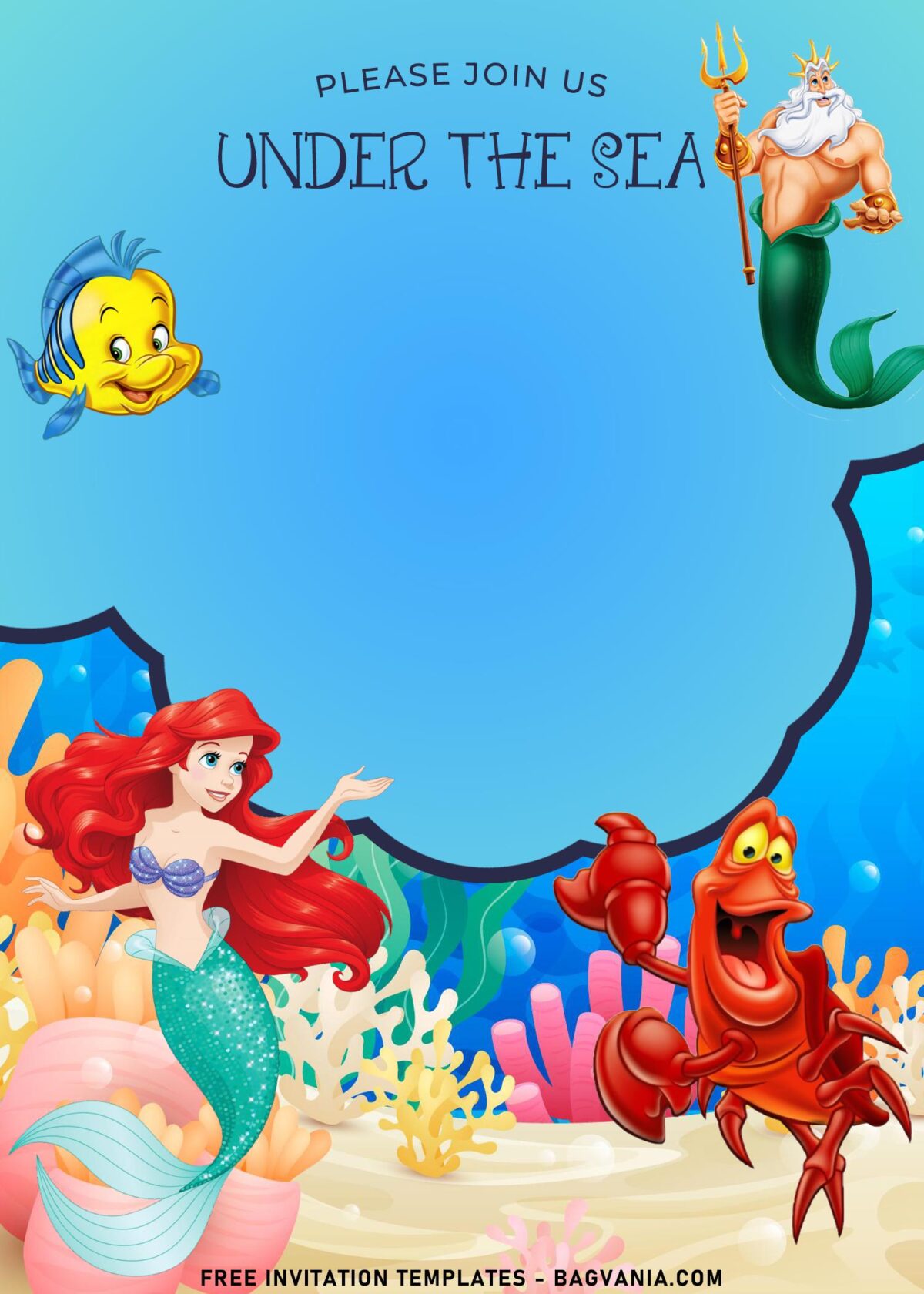 8+ Adorable Princess Ariel Invitation Templates With Flounder And Sebastian with blue ocean background