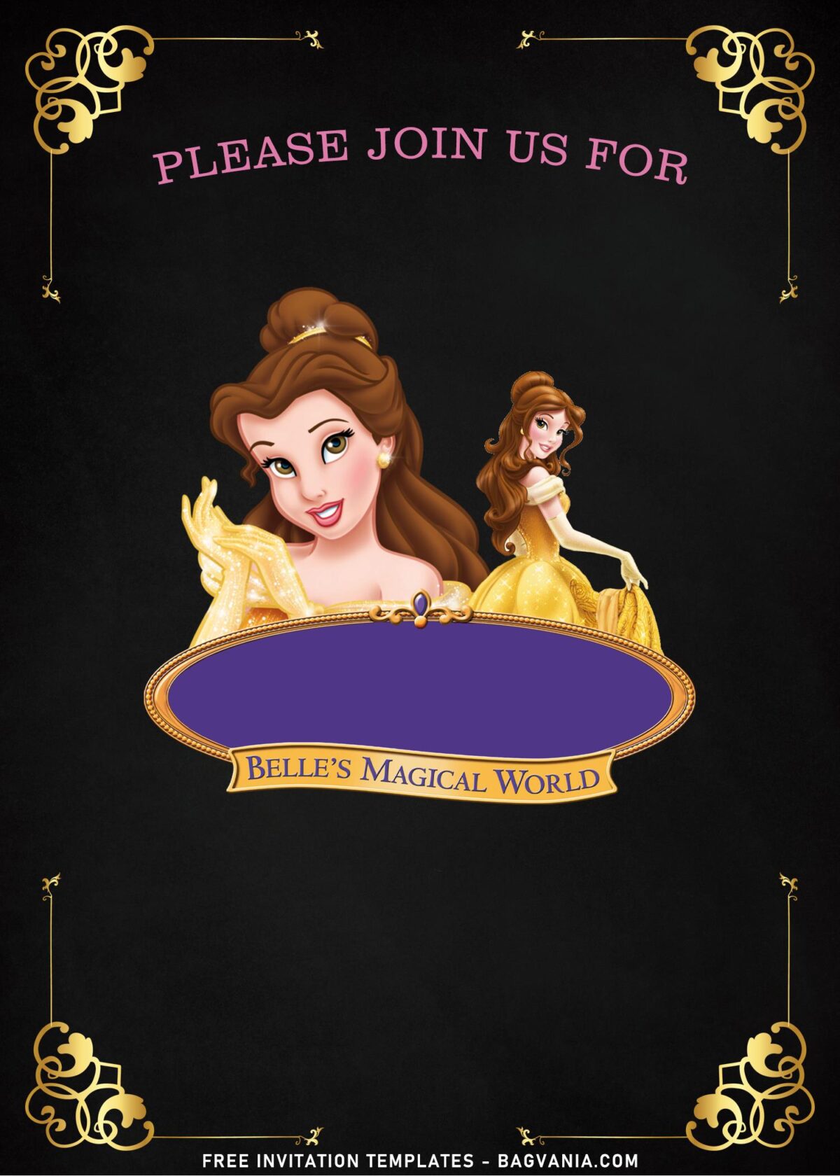 8+ Shimmering Gold Princess Belle Birthday Invitation Templates with Chalkboard background design