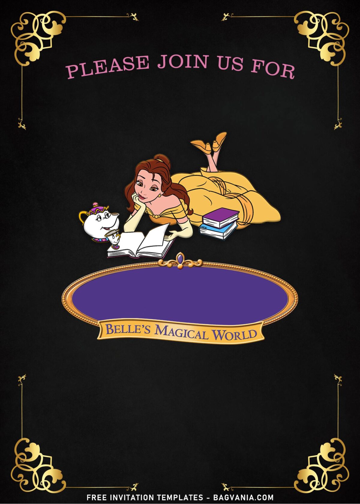 8+ Shimmering Gold Princess Belle Birthday Invitation Templates with Mrs. Teapot