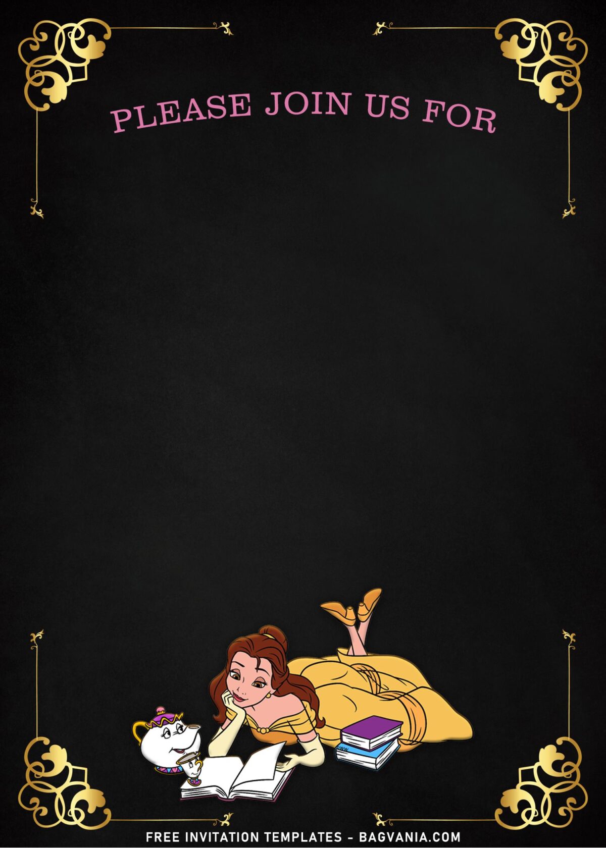 8+ Shimmering Gold Princess Belle Birthday Invitation Templates with Mr. Chip
