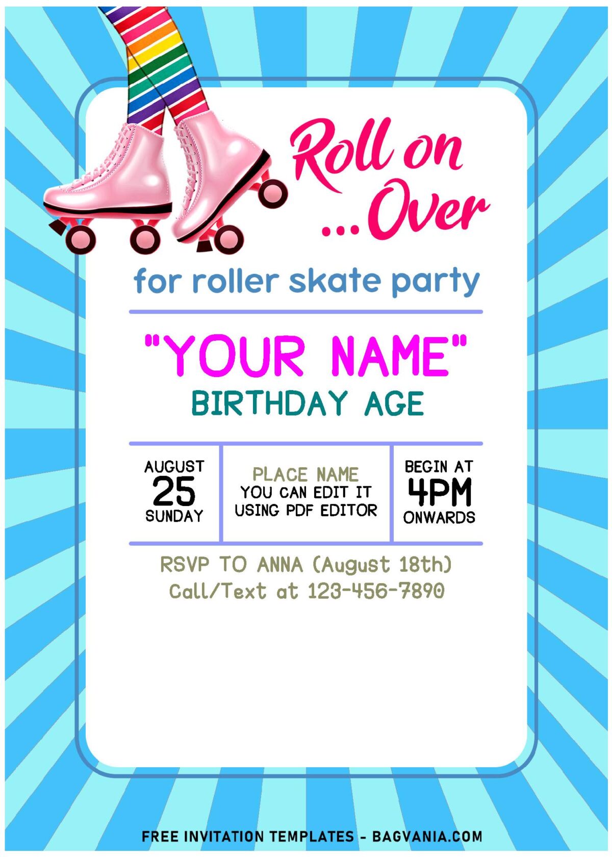 (Free Editable PDF) Cute Pastel Neon Roller Skating Birthday Invitation Templates