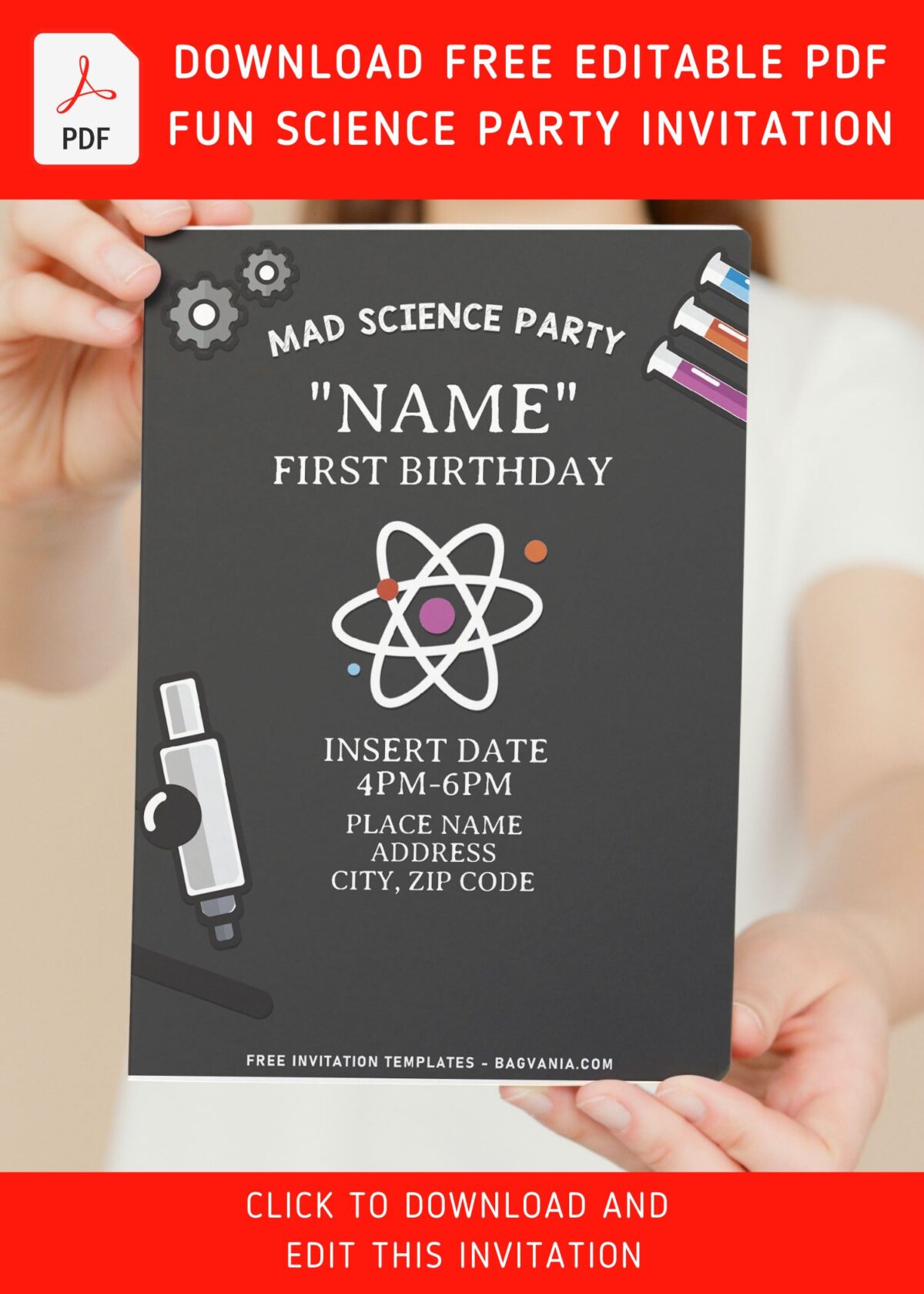 (Free Editable PDF) Fabulous Mad Scientist Birthday Party Invitation Templates with colorful cartoon lab equipment