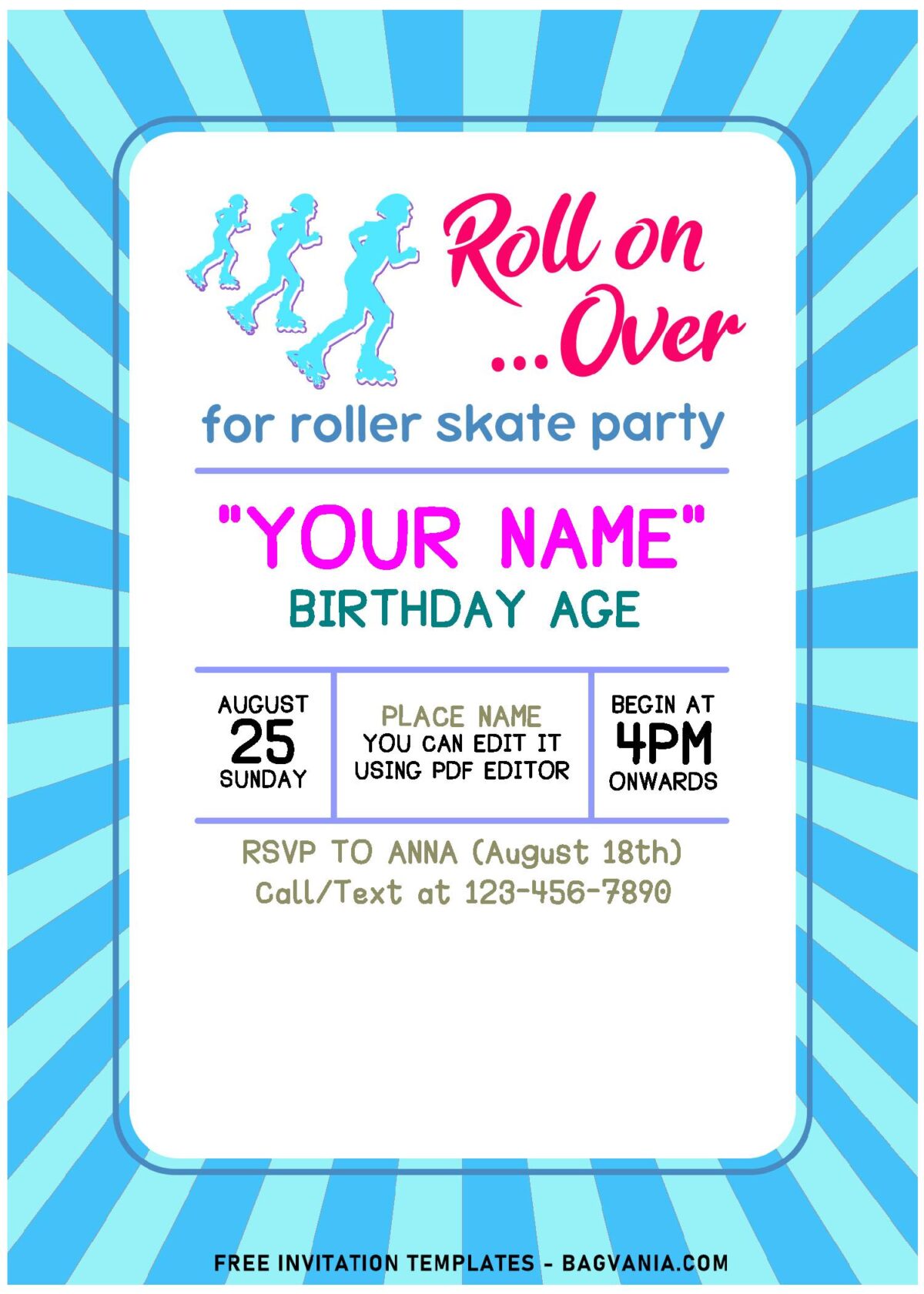 (Free Editable PDF) Cute Pastel Neon Roller Skating Birthday Invitation Templates with cute blue retro background