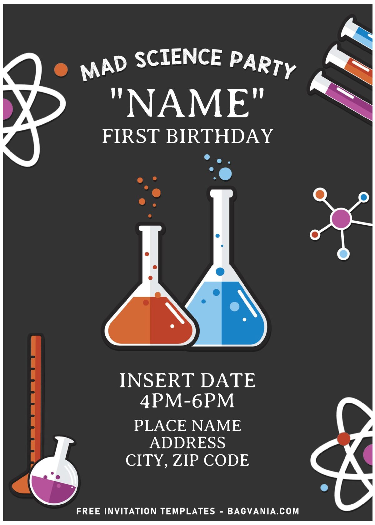 (Free Editable PDF) Fabulous Mad Scientist Birthday Party Invitation Templates with chalkboard background
