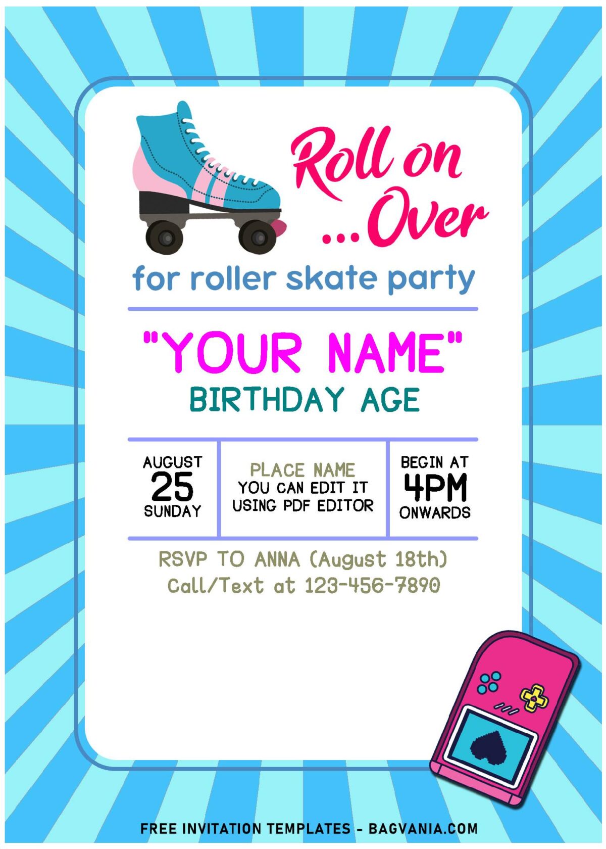 (Free Editable PDF) Cute Pastel Neon Roller Skating Birthday Invitation Templates with cute Roller Skate boots