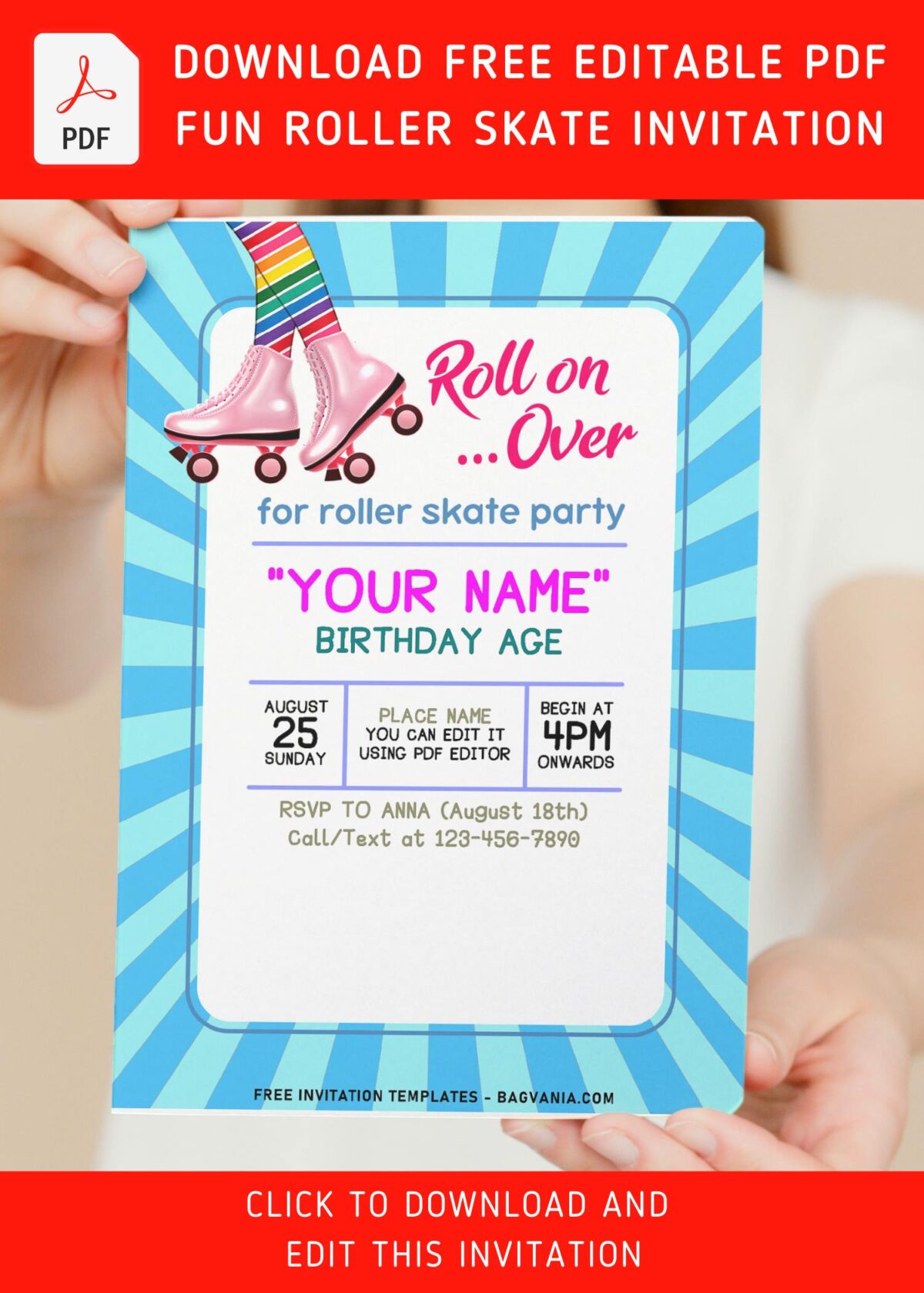 (Free Editable PDF) Cute Pastel Neon Roller Skating Birthday Invitation Templates with cute retro pairs of roller skate boots