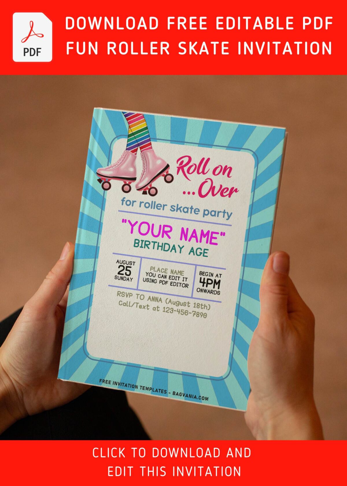 (Free Editable PDF) Cute Pastel Neon Roller Skating Birthday Invitation Templates with cute and catchy wordings