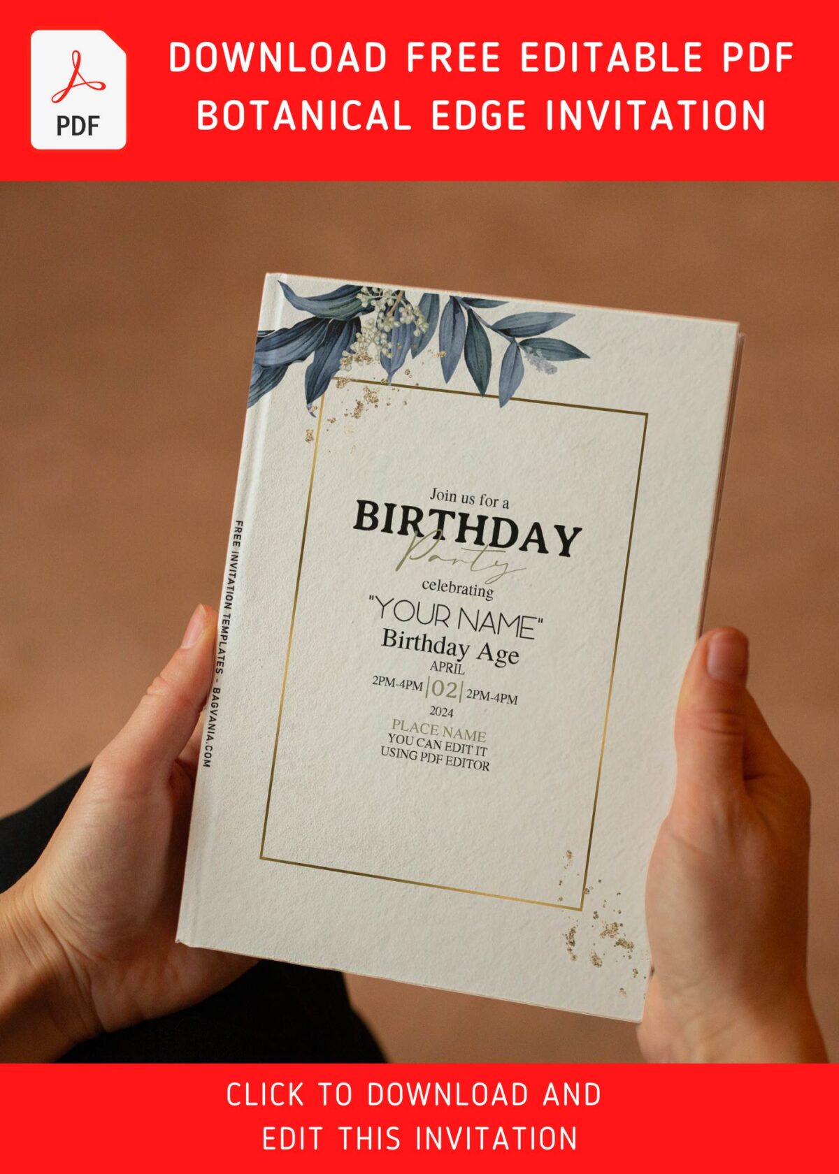 (Free Editable PDF) Elegant Vintage Foliage Pressed Birthday Invitation Templates with metallic gold frame