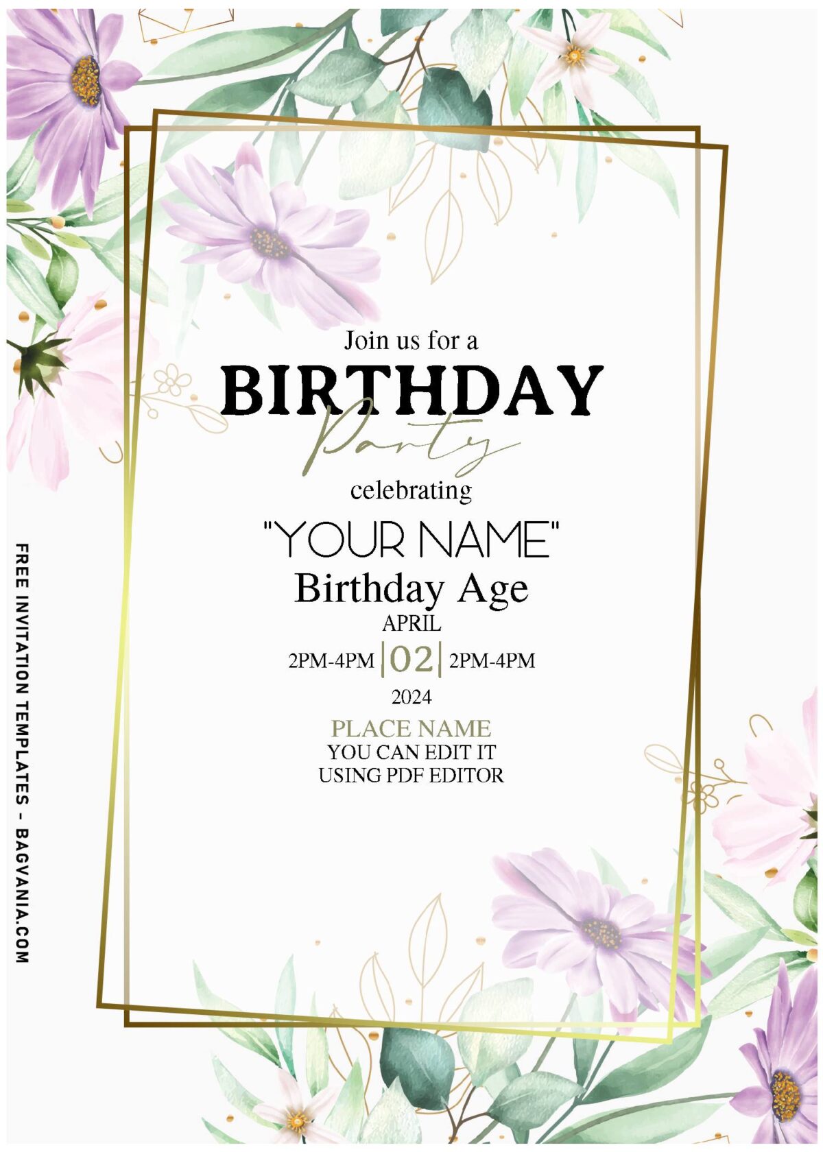 (Free Editable PDF) Spring Romance Birthday Invitation Templates with metallic gold text frame