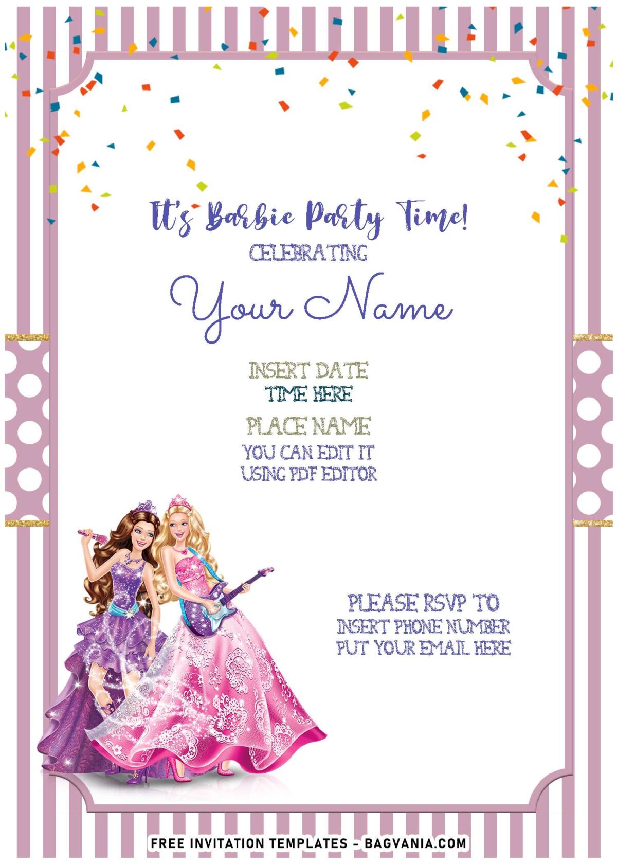 (Free Editable PDF) Festive Barbie Birthday Party Invitation Templates with cute pink striped background