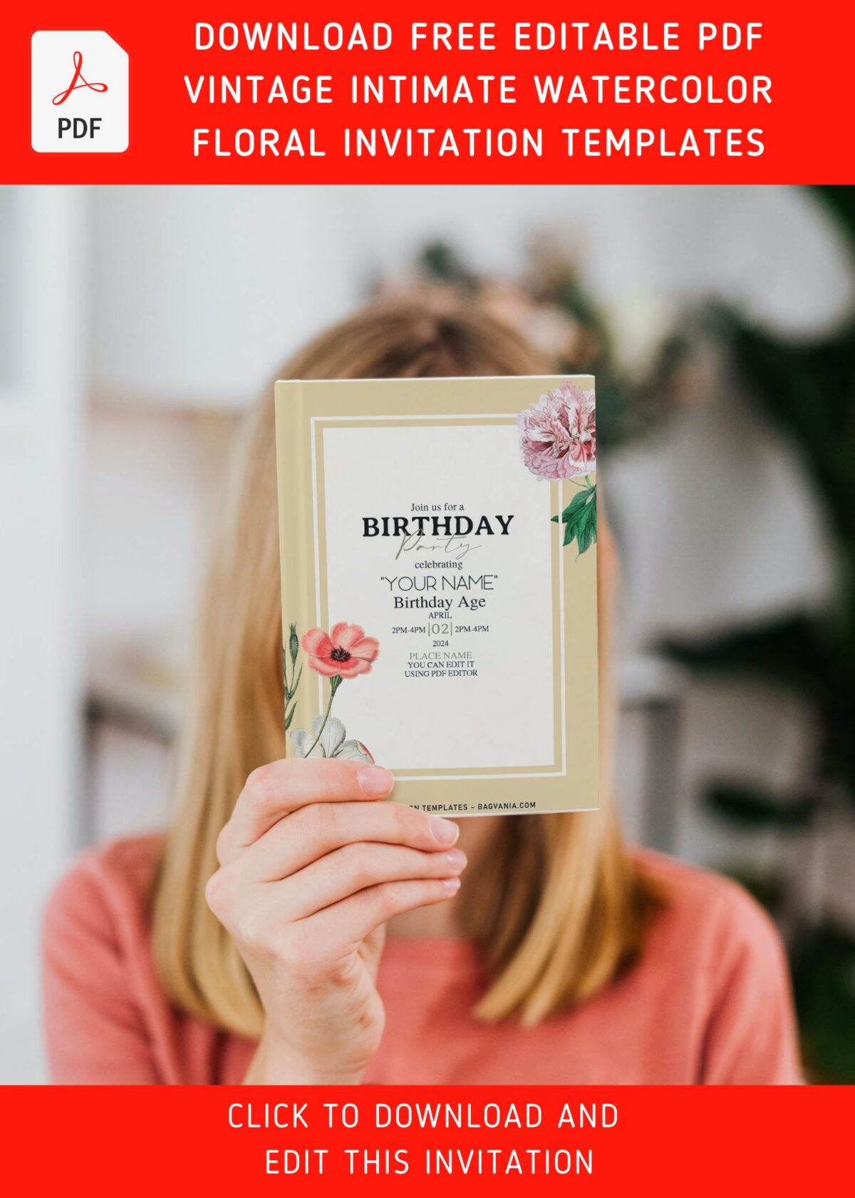 (Free Editable PDF) Intimate Blush Paper Blooms Birthday Invitation Templates with watercolor anemone and daisy