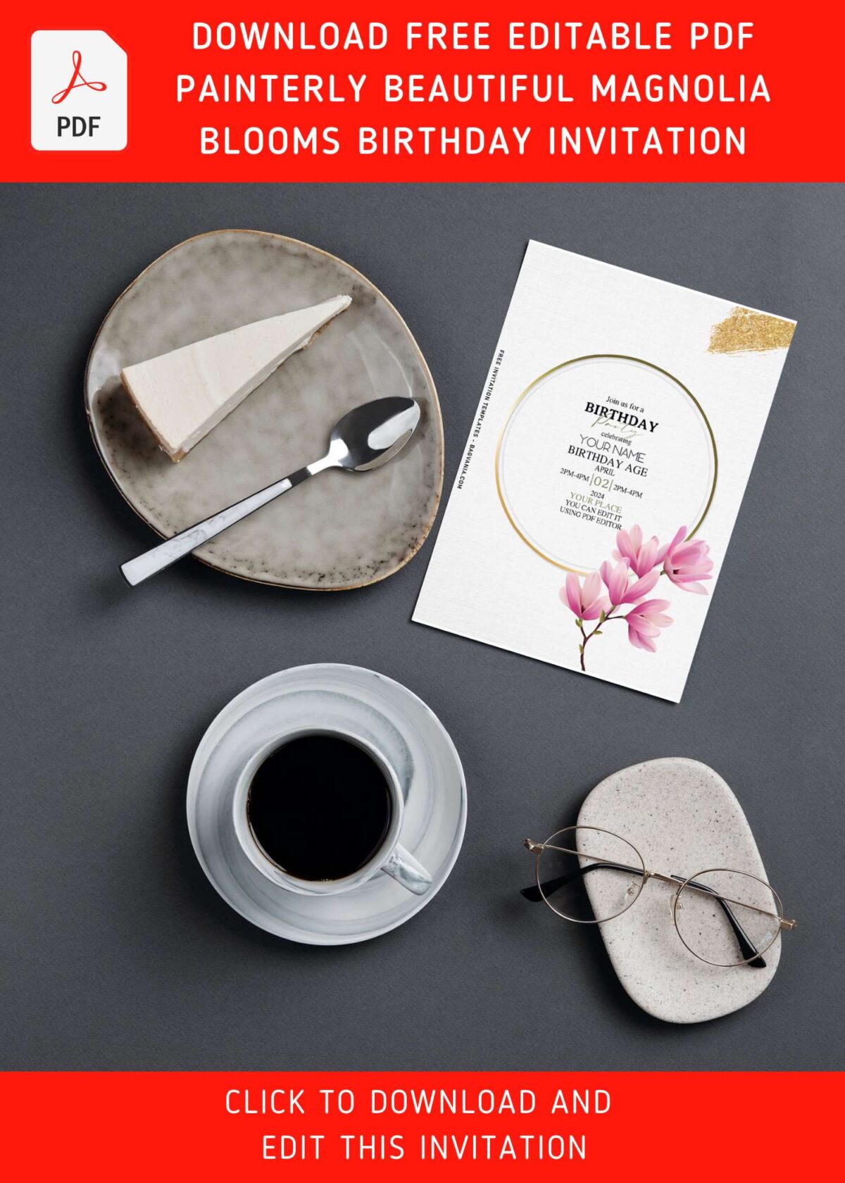 (Free Editable PDF) Enchanting Floral Frame Birthday Invitation Templates with aesthetic magnolia