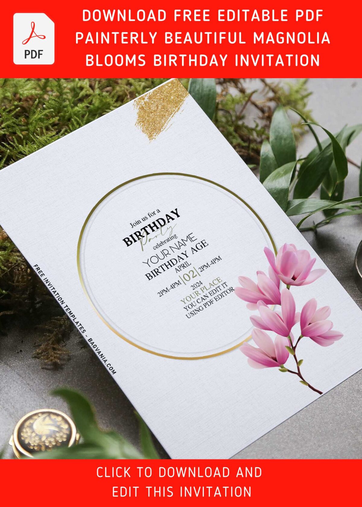 (Free Editable PDF) Enchanting Floral Frame Birthday Invitation Templates with metallic gold frame